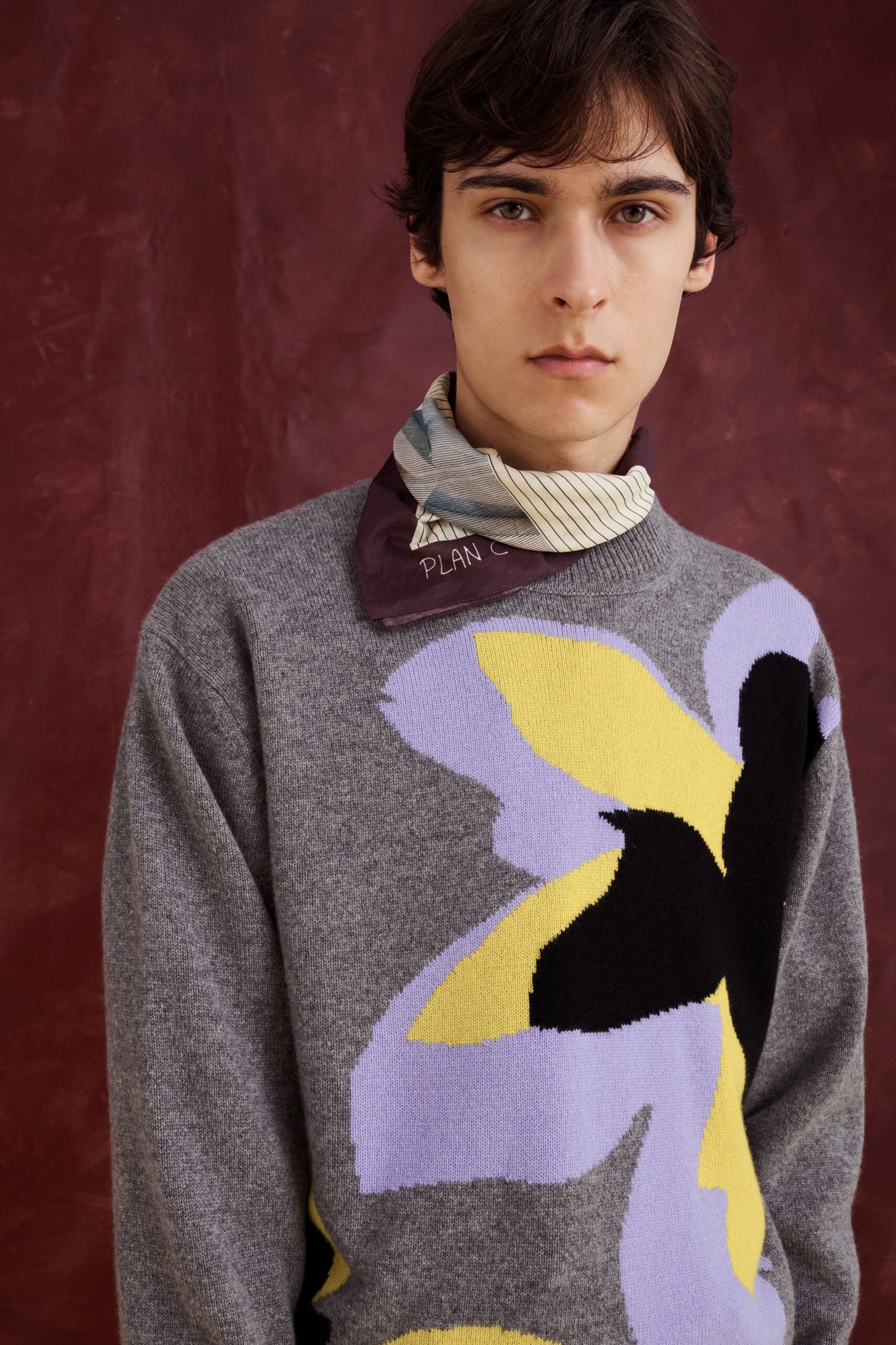 gray wool long-sleeve collared relaxed printed sweater