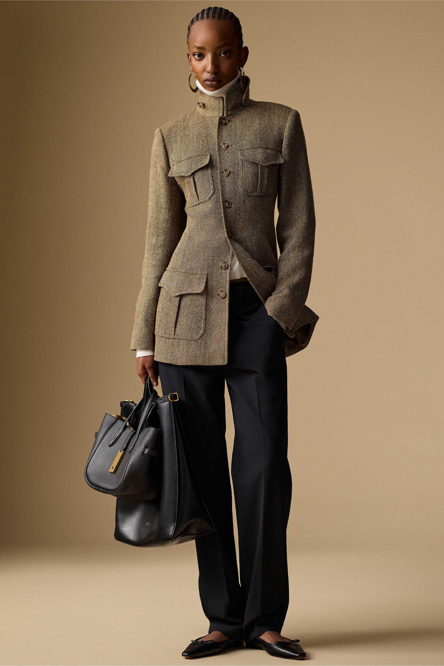 brown tweed long-sleeve collared tailored buttoned pockets jacket