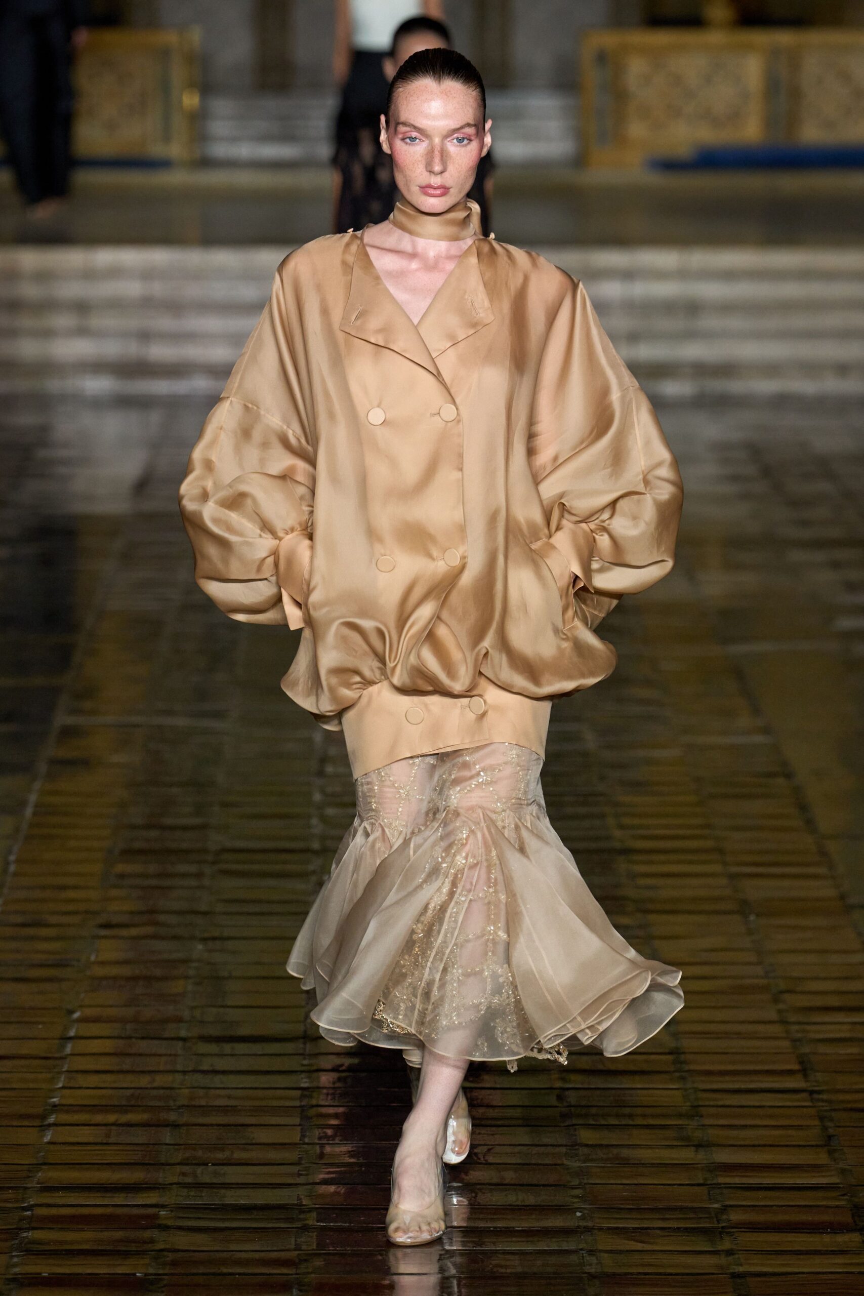 beige silk long-sleeve collared oversized buttoned flowing jacket