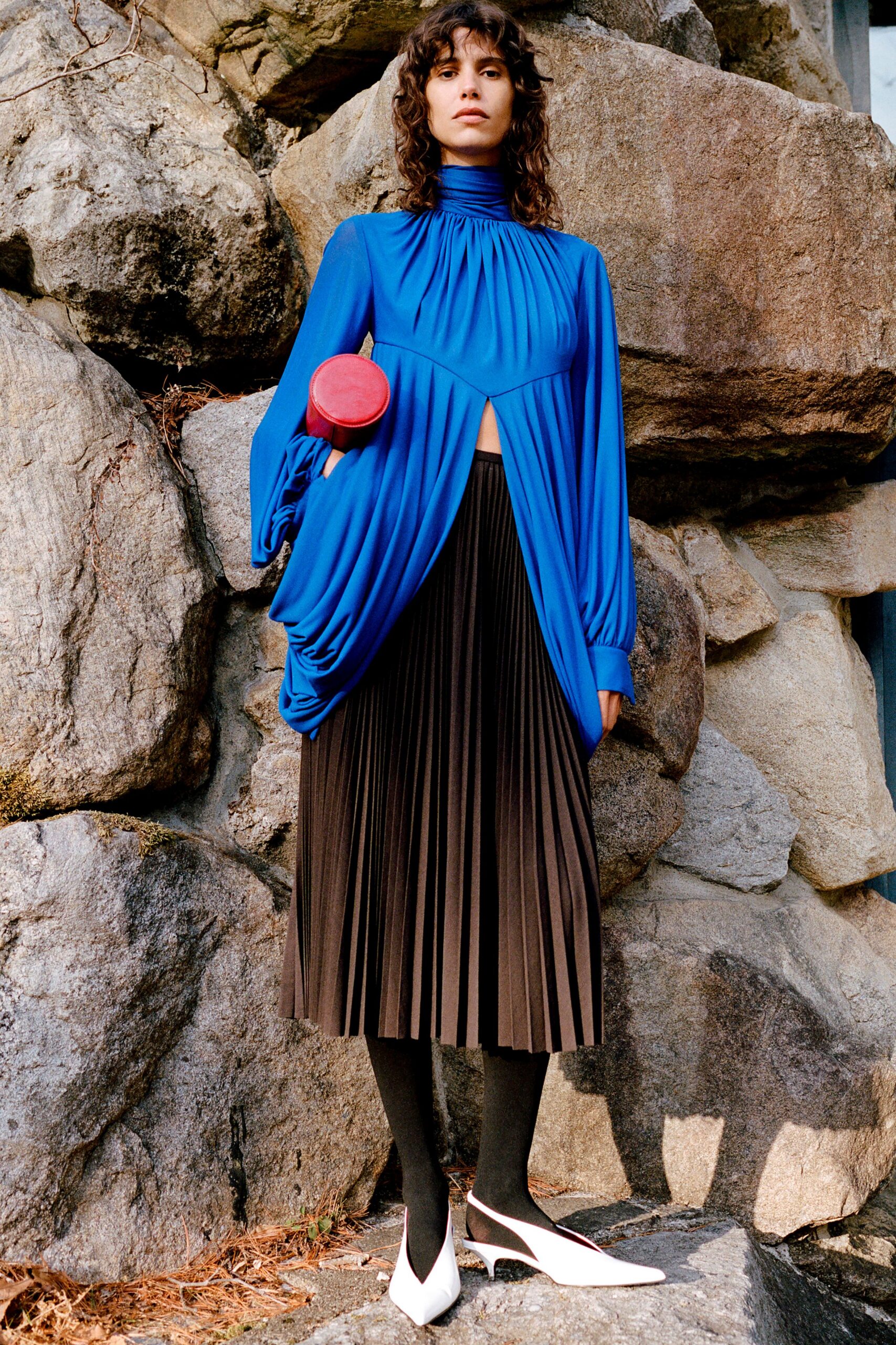 blue silk long-sleeve high-neck relaxed pleated draped top