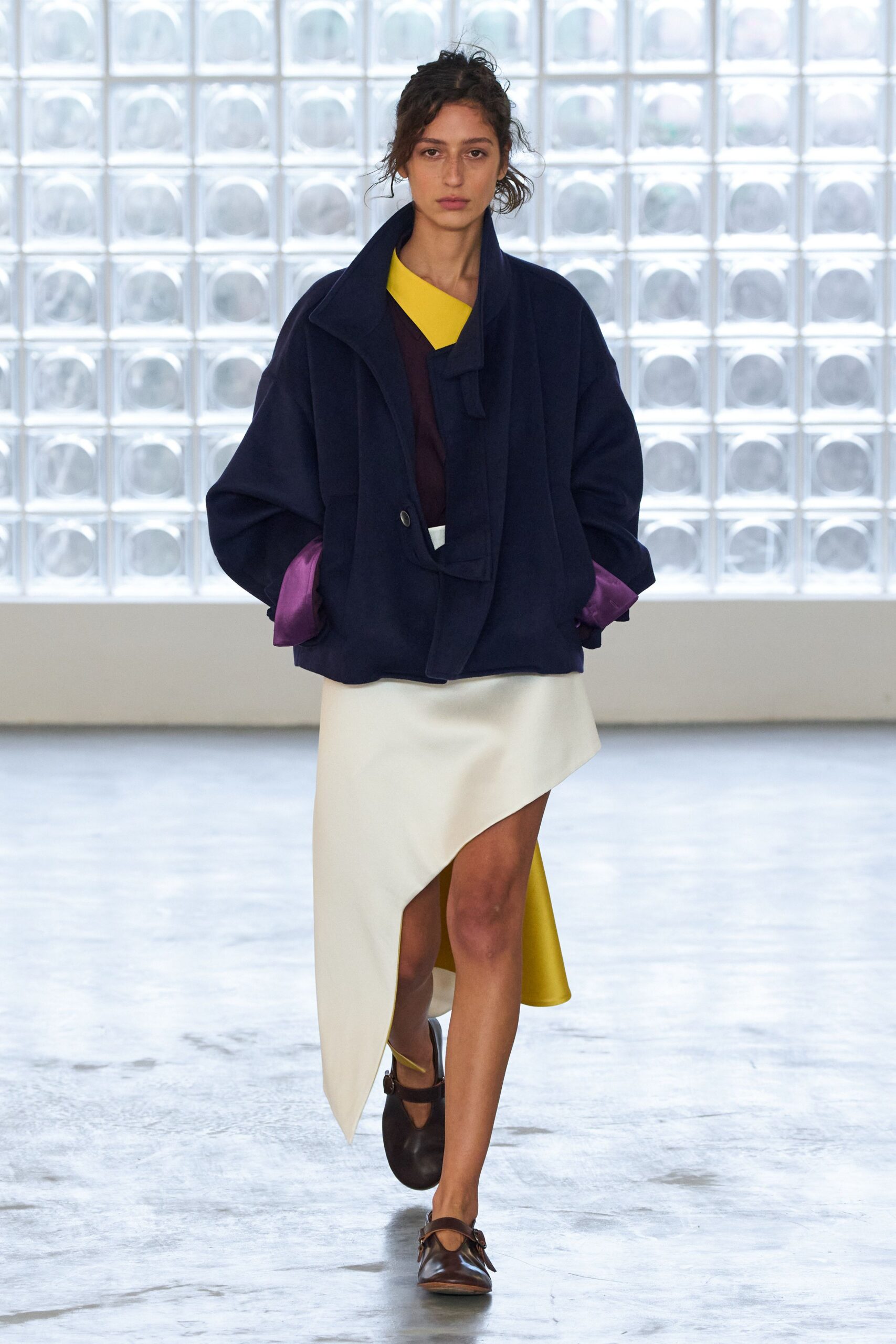 blue wool long-sleeve collared relaxed buttoned jacket