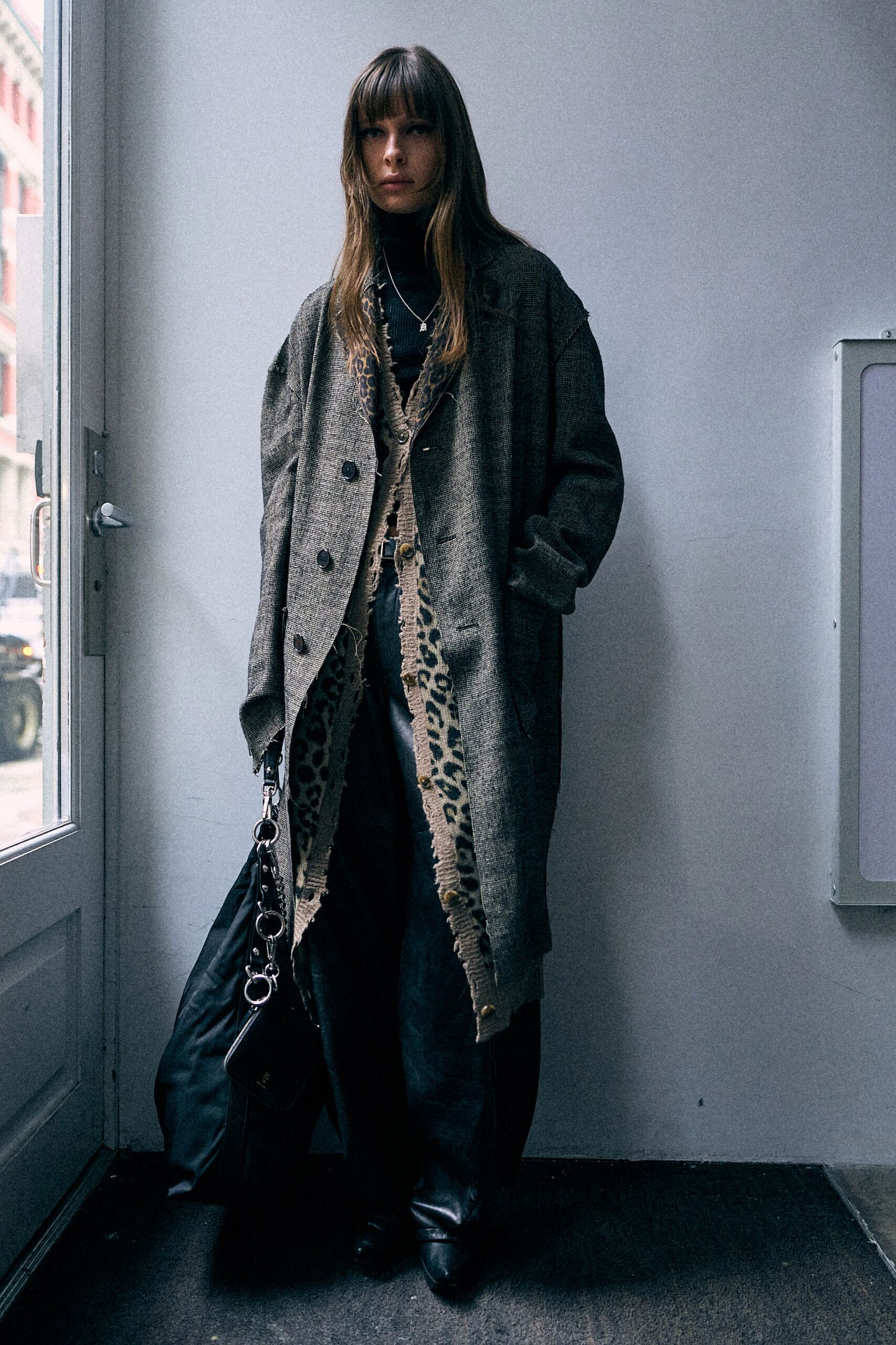 gray wool long-sleeve collared relaxed buttoned layered coat