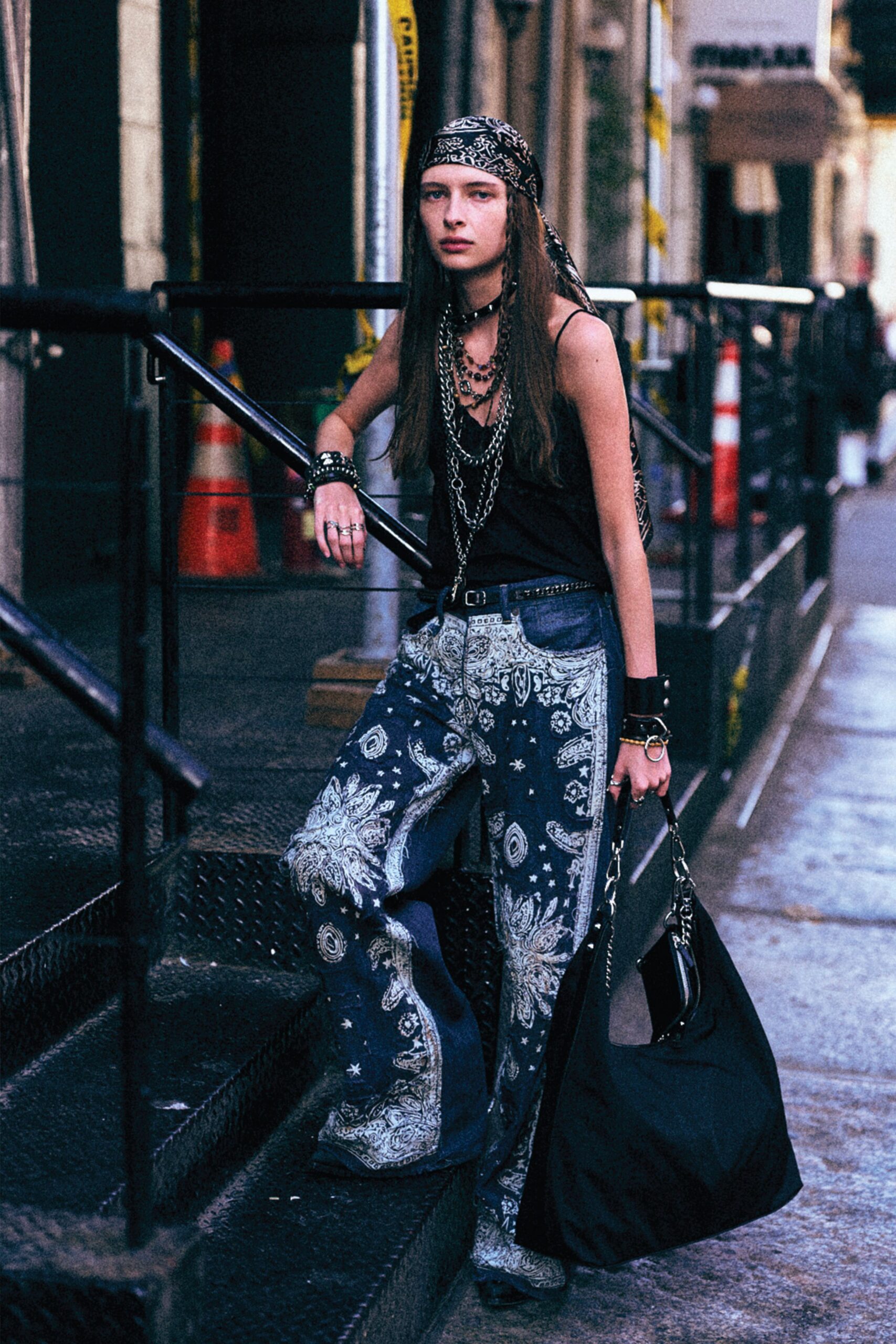 black fitted top with flared pants