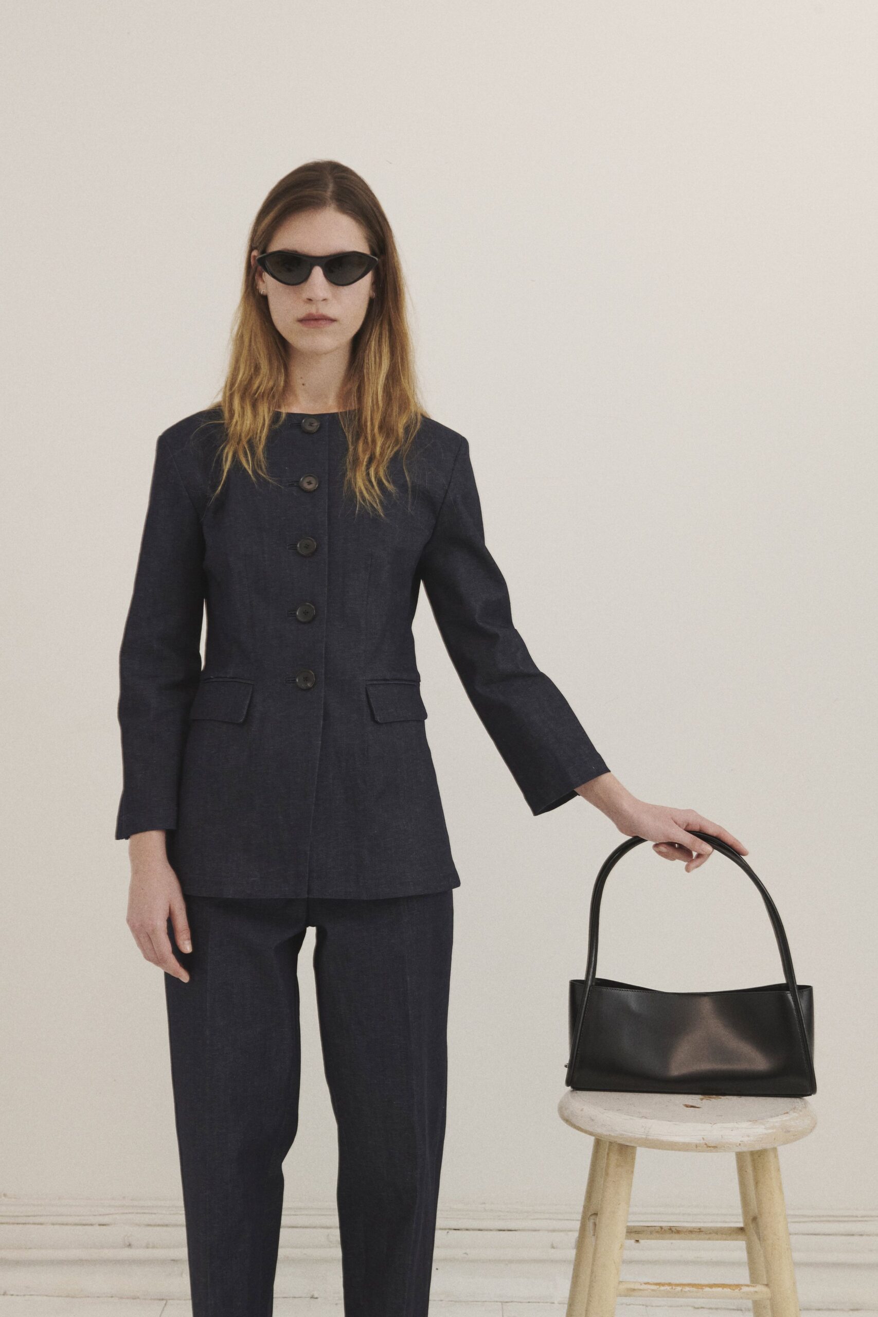 blue denim long-sleeve collared tailored buttoned blazer