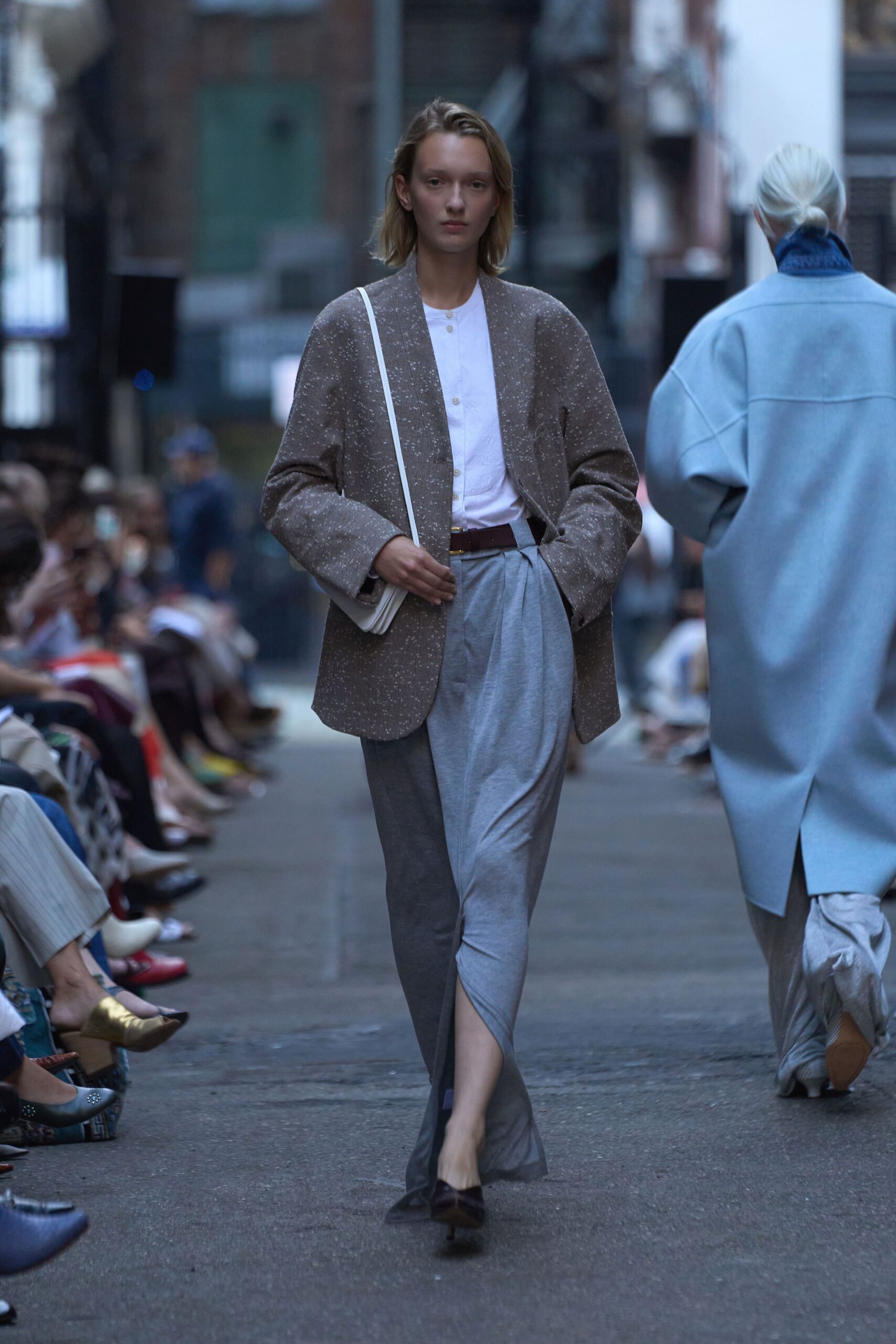 beige blazer white shirt gray skirt