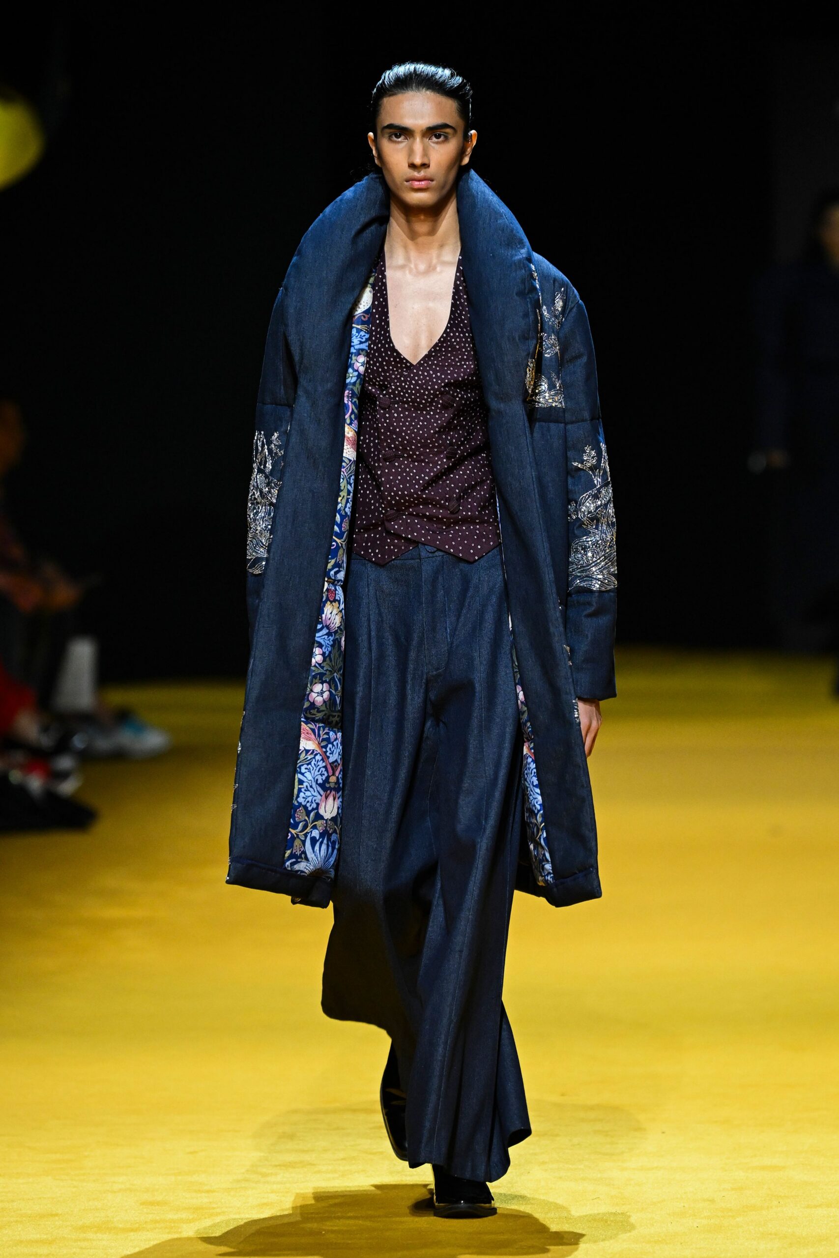 blue denim coat with purple vest