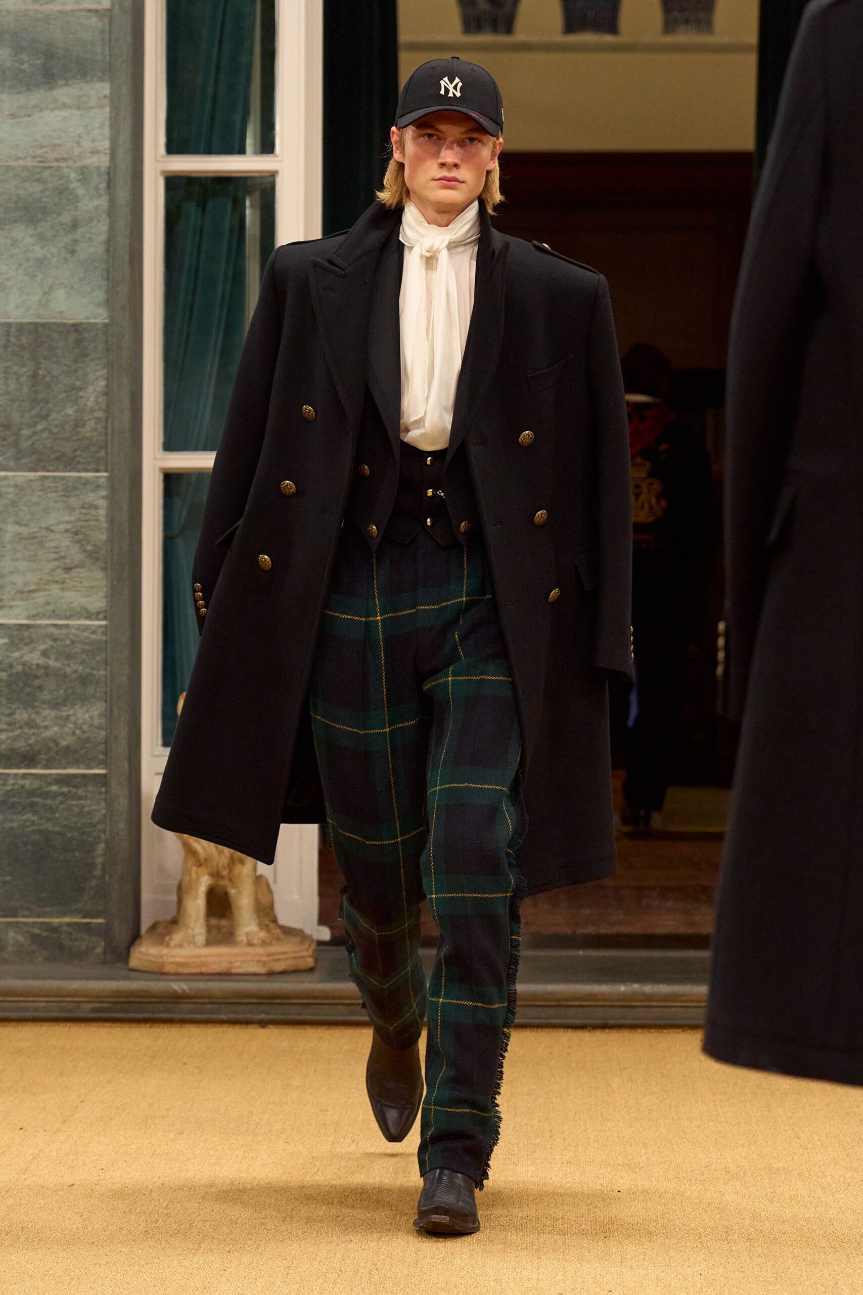 green wool slim checked pants