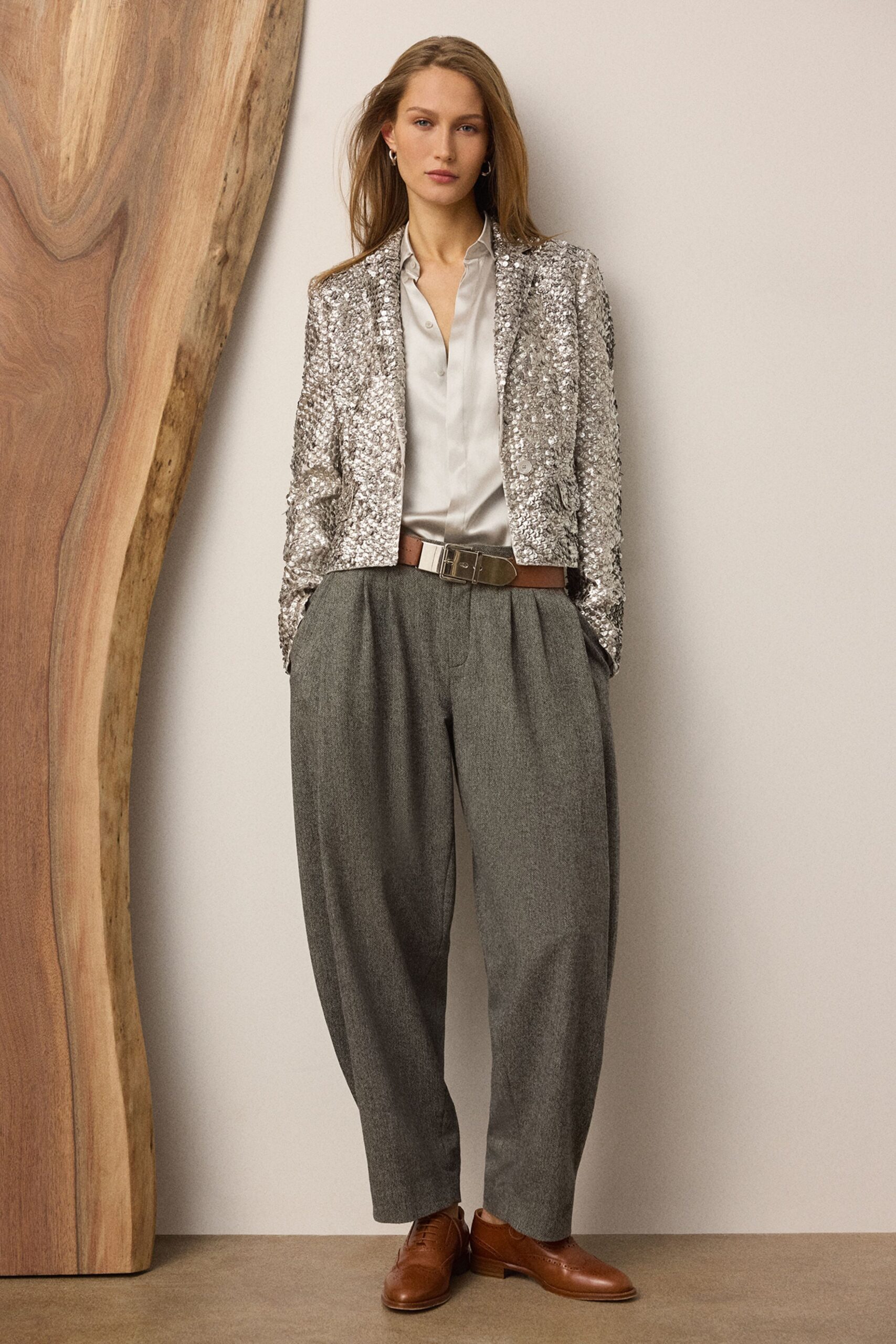 silver sequin blazer with relaxed shirt
