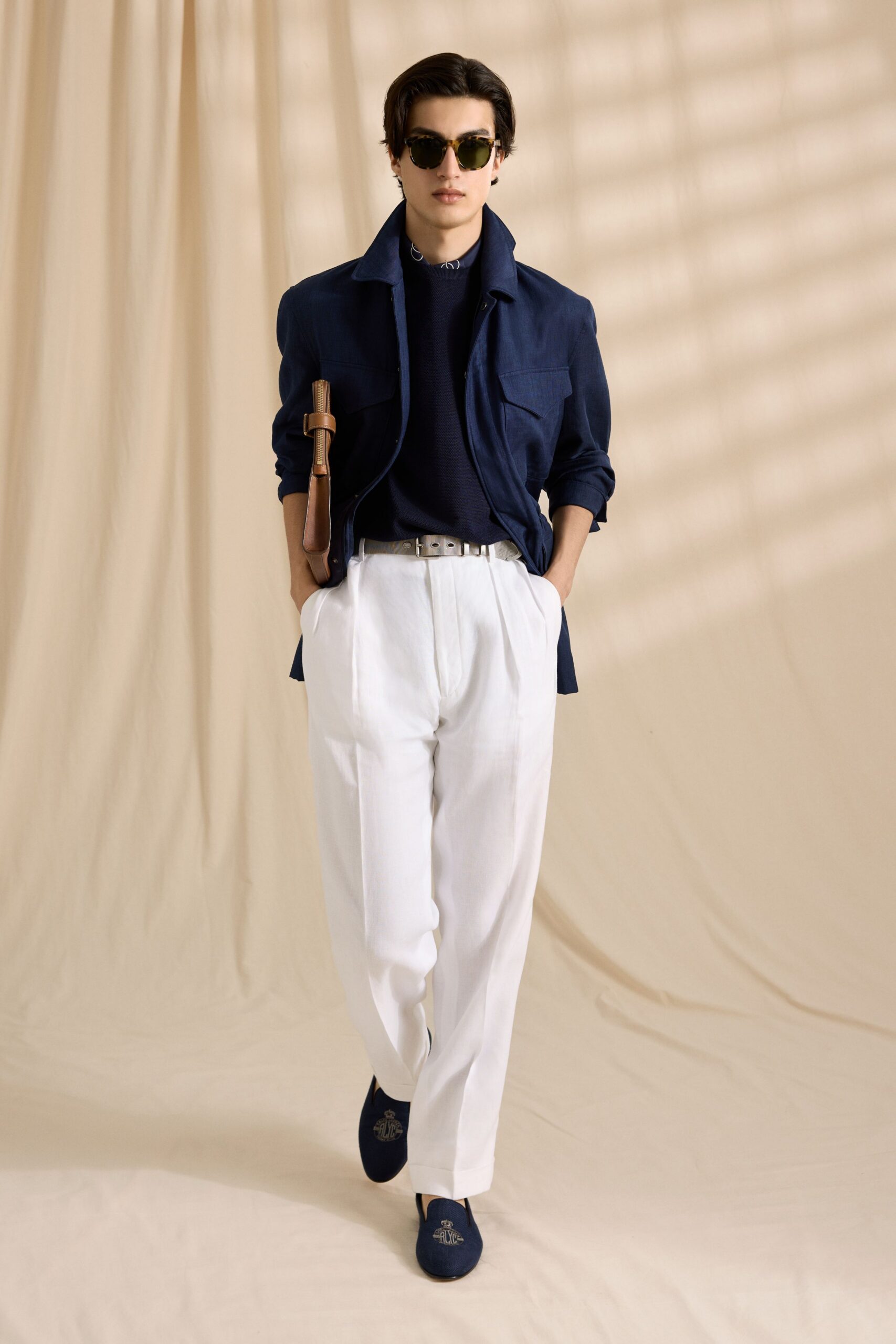 blue cotton long-sleeve collared structured jacket