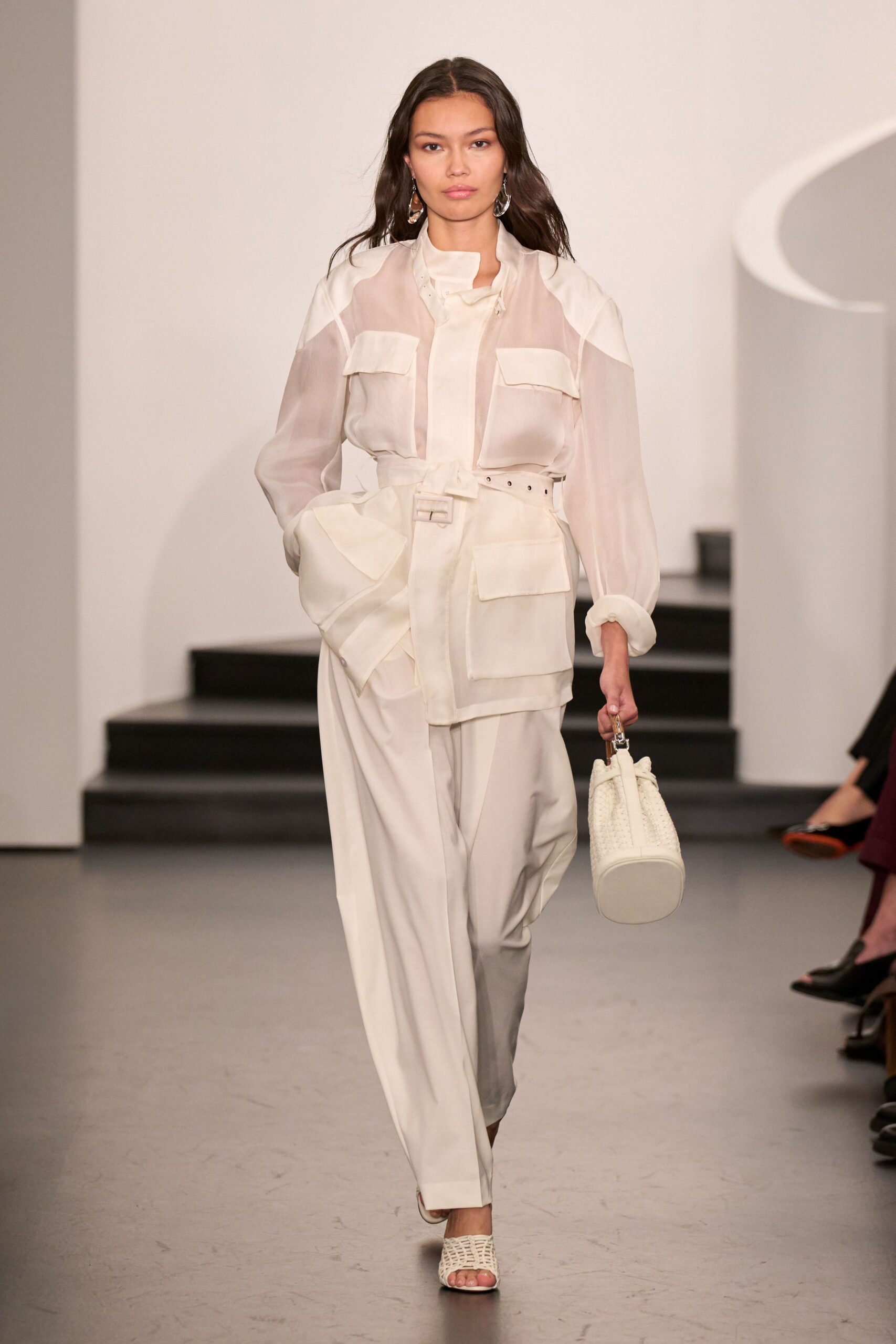white silk long-sleeve collared relaxed pockets buttoned shirt