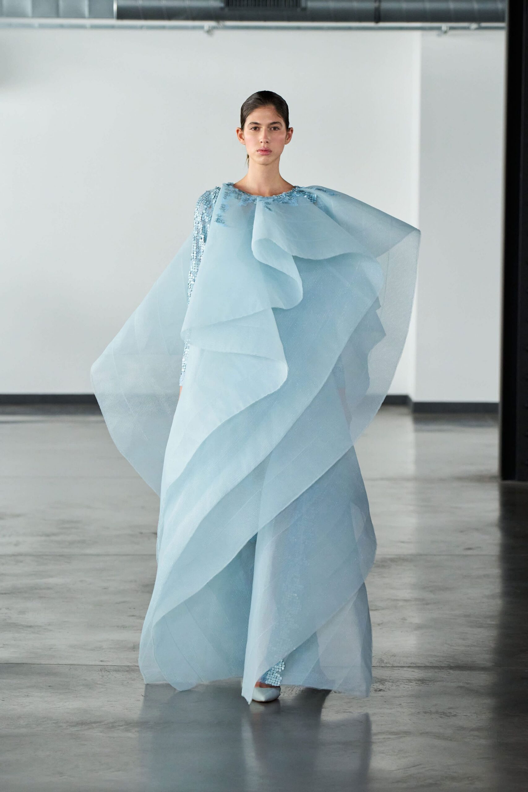 blue tulle long-sleeve high-neck fitted layered ruffled gown