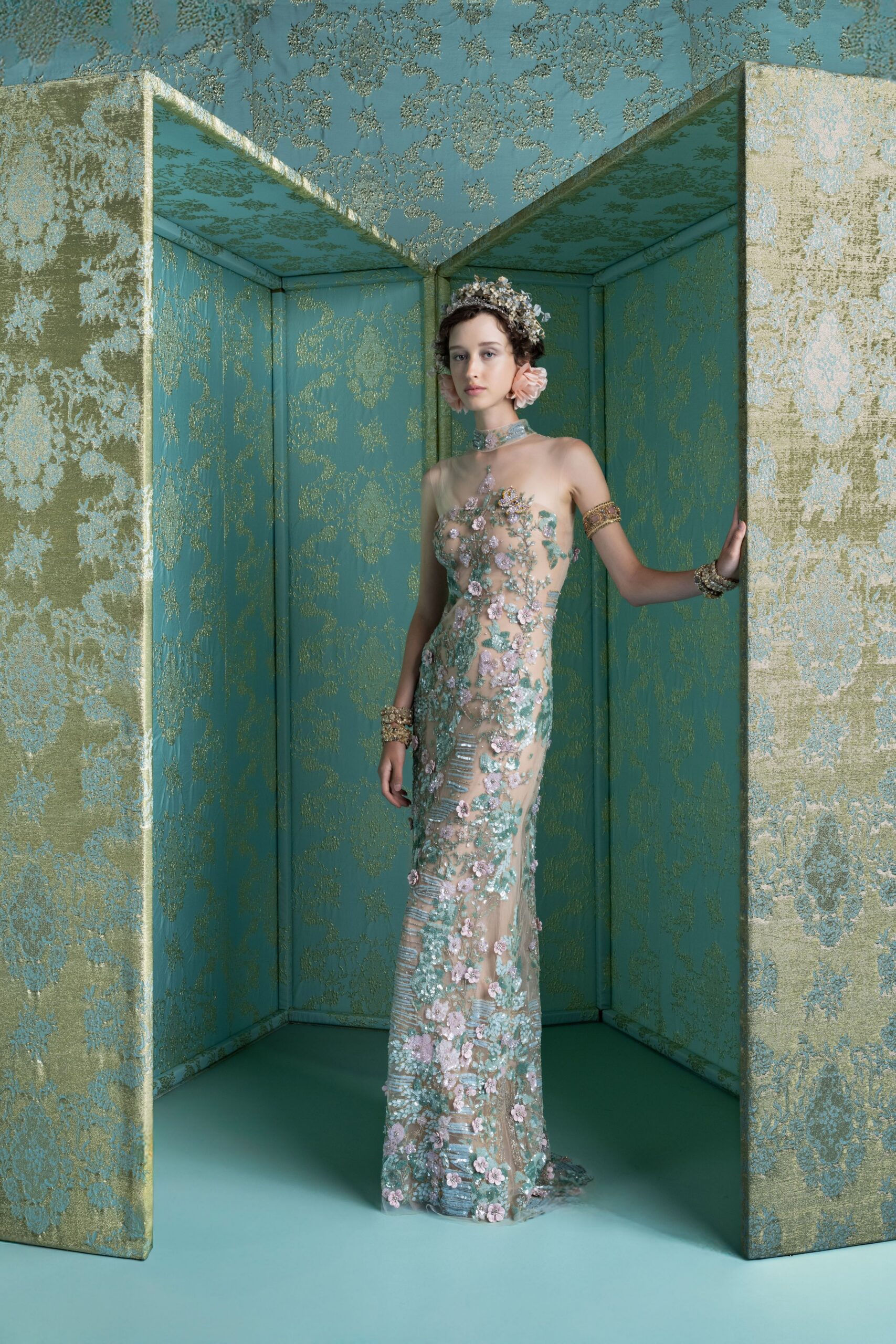 pink green floral embroidered gown