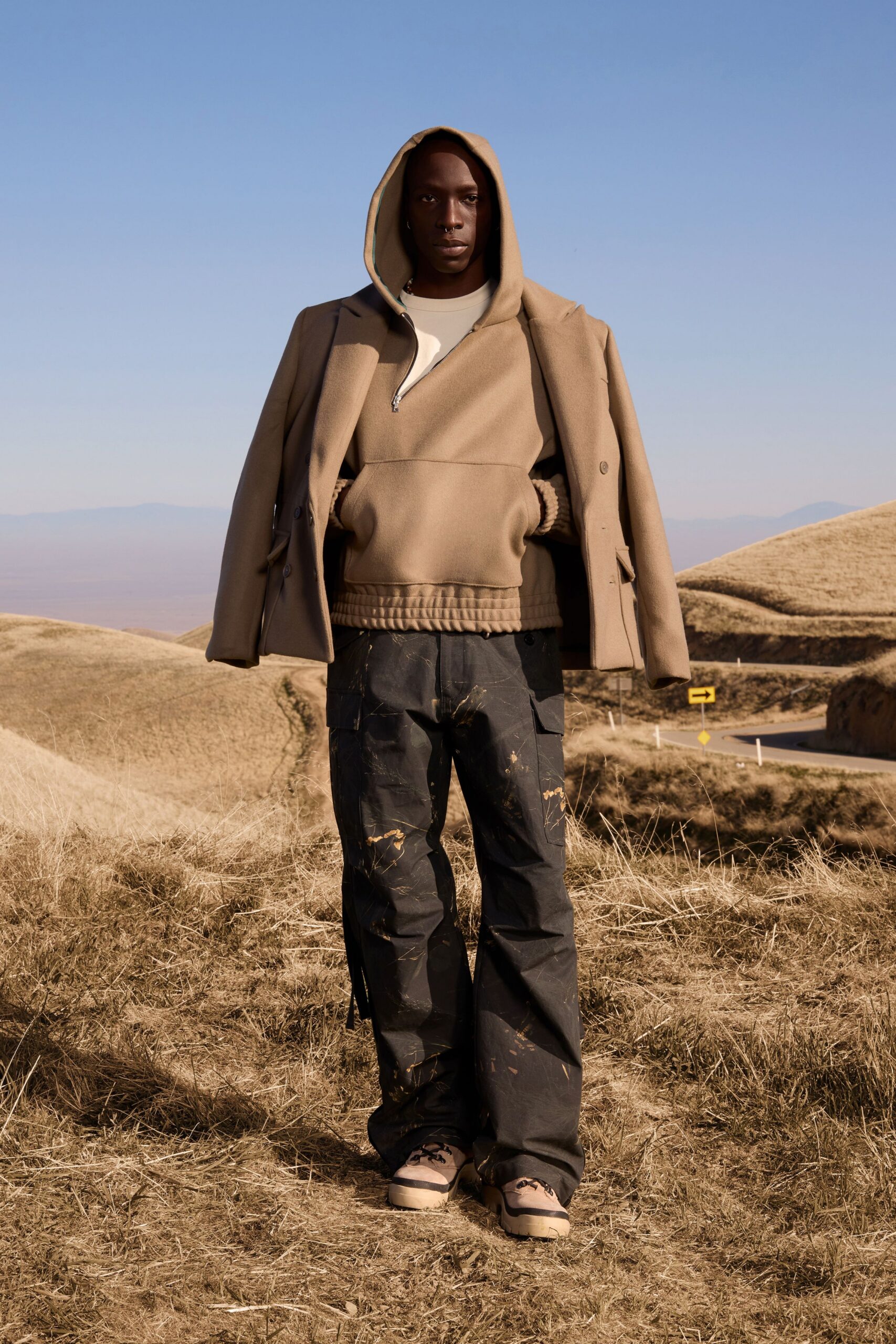 beige wool long-sleeve collared structured buttoned coat