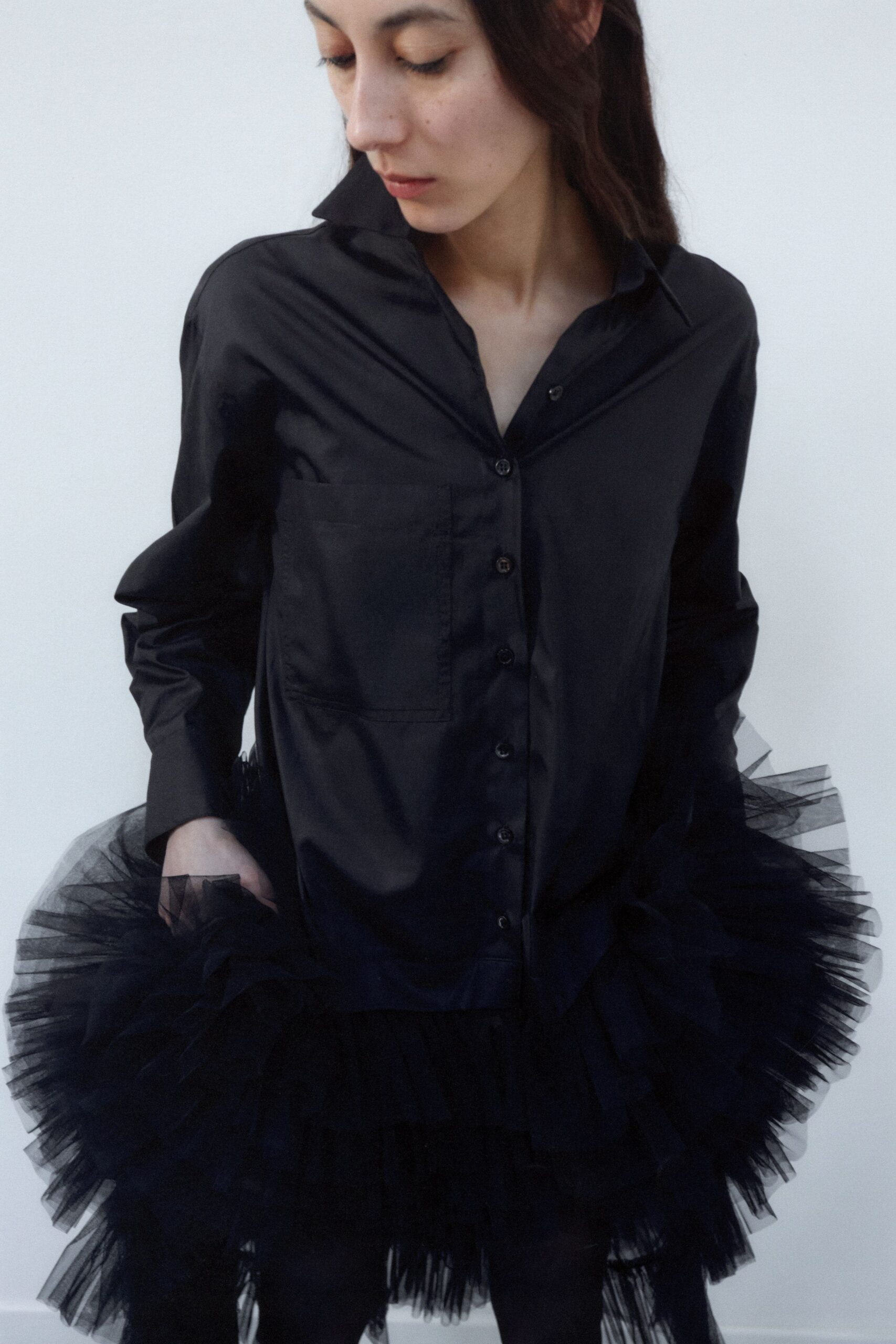 black silk shirt with ruffled skirt