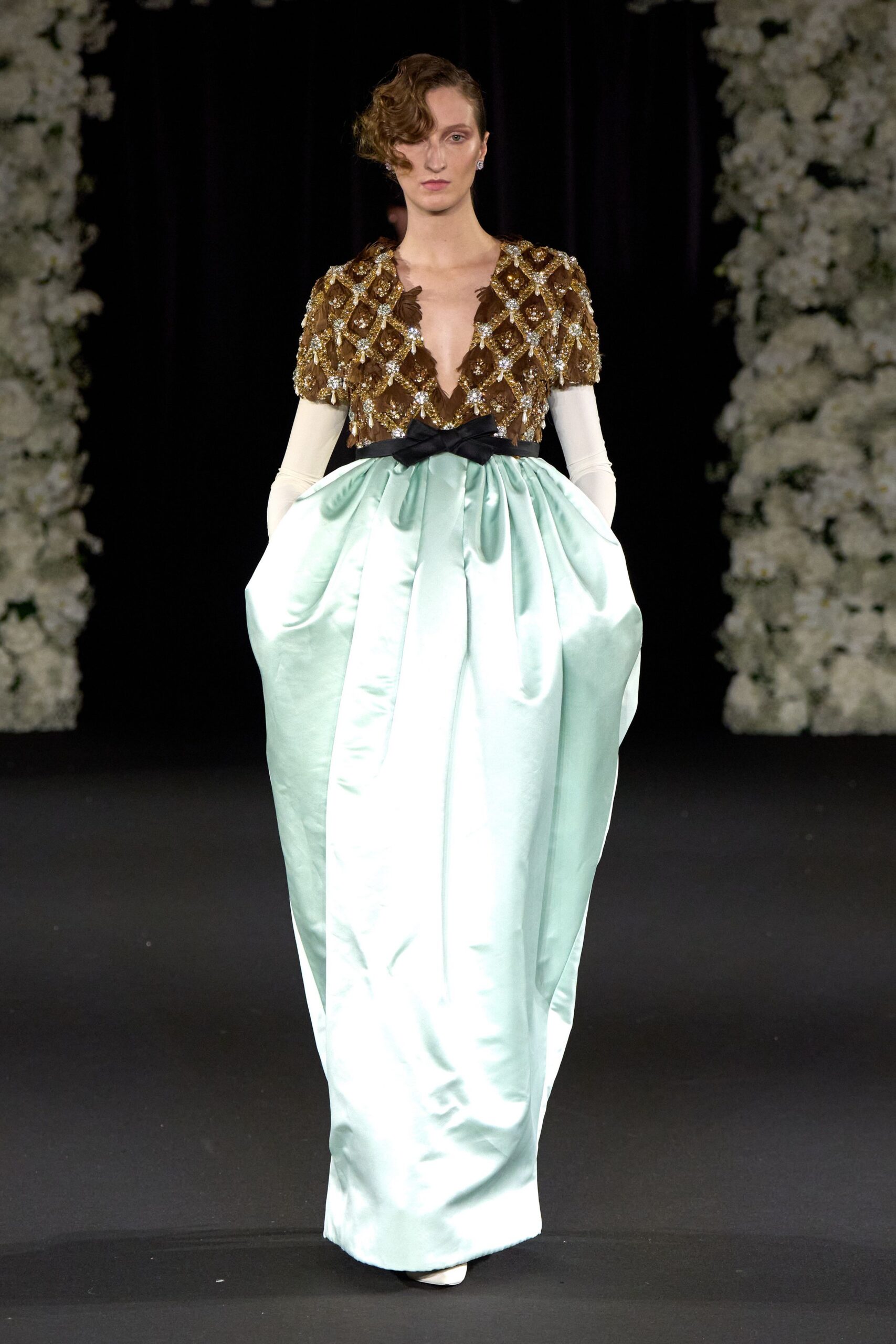 mint gold sequined long-sleeve gown