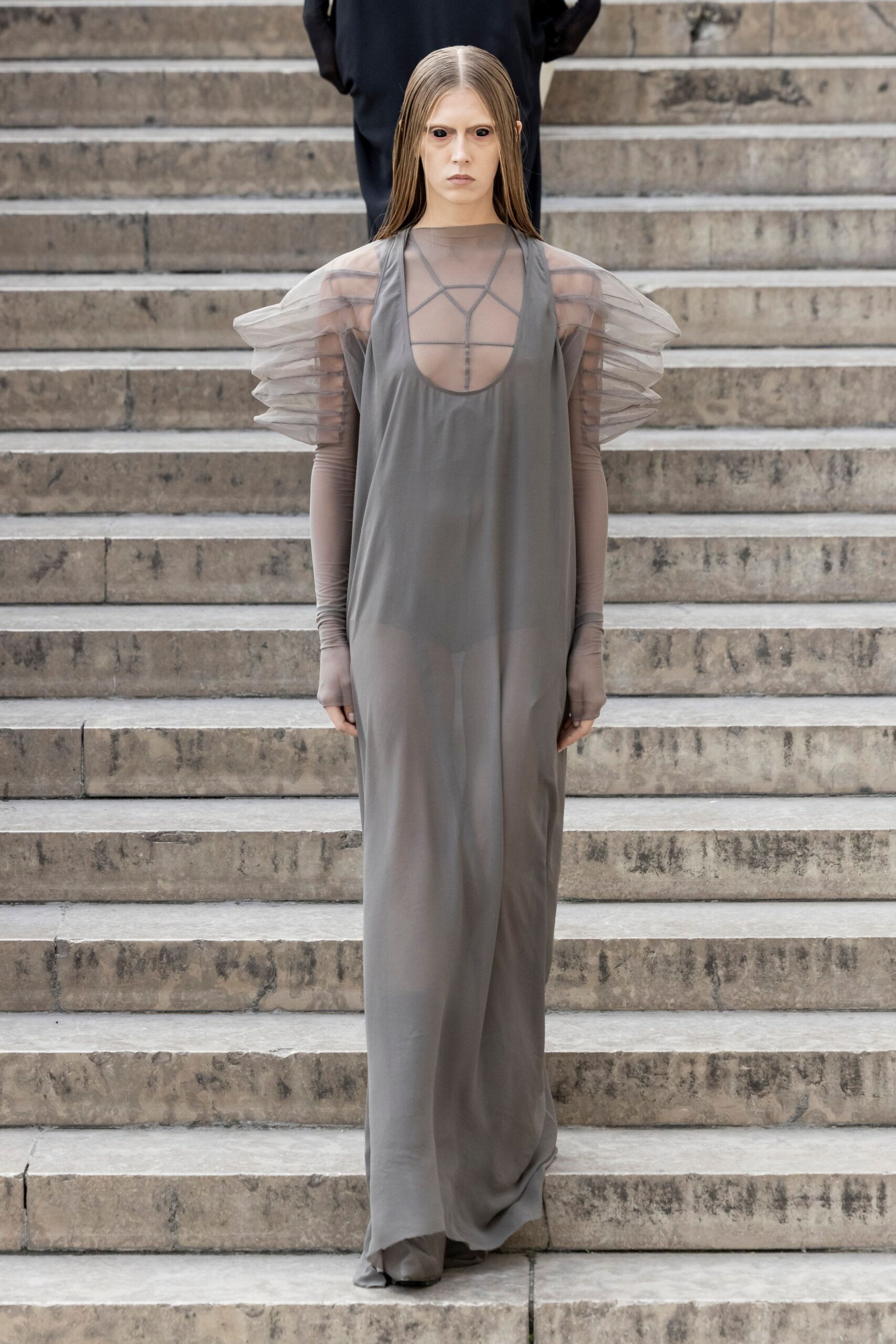 gray silk sleeveless gown