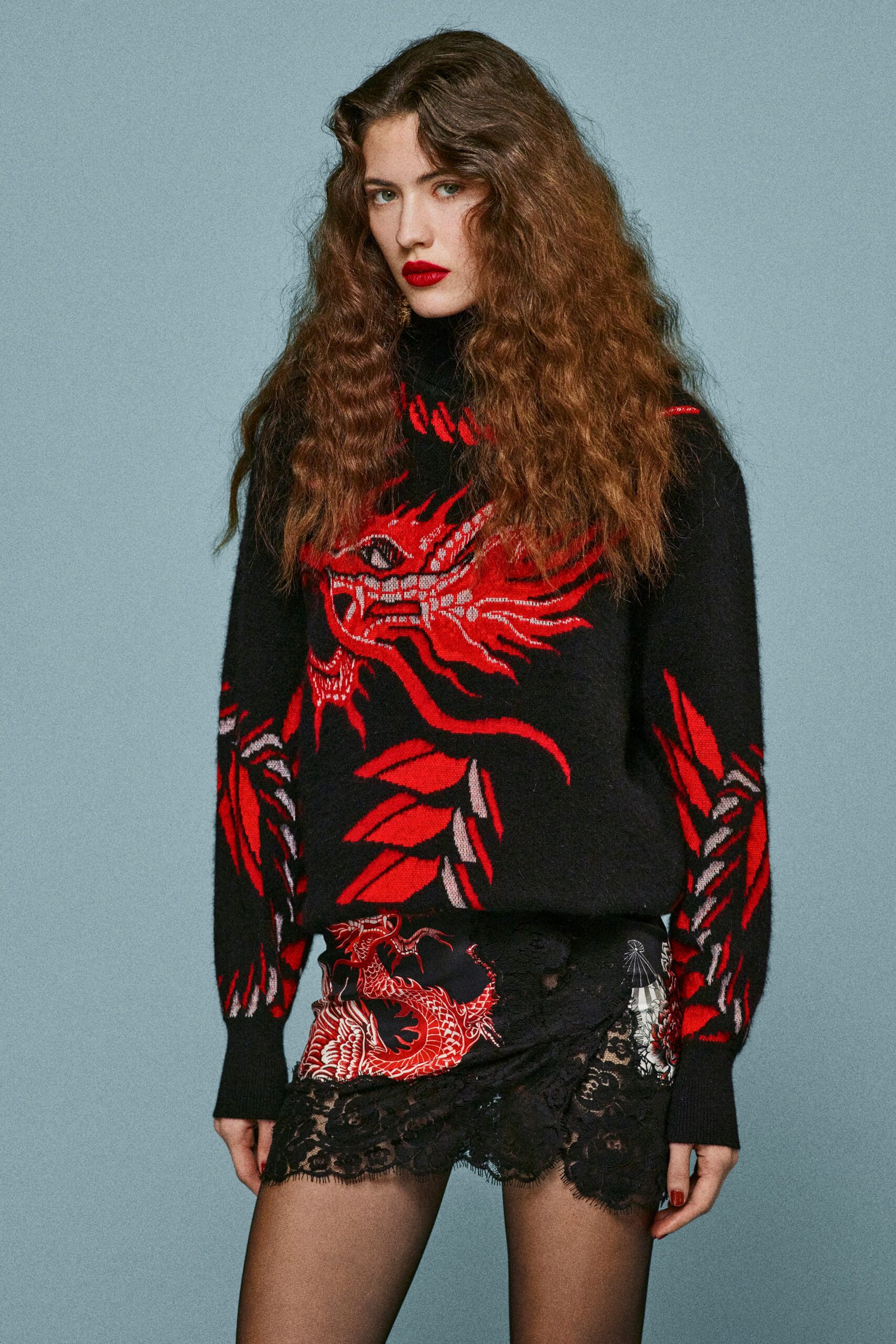 black wool long-sleeve high-neck relaxed embroidered sweater