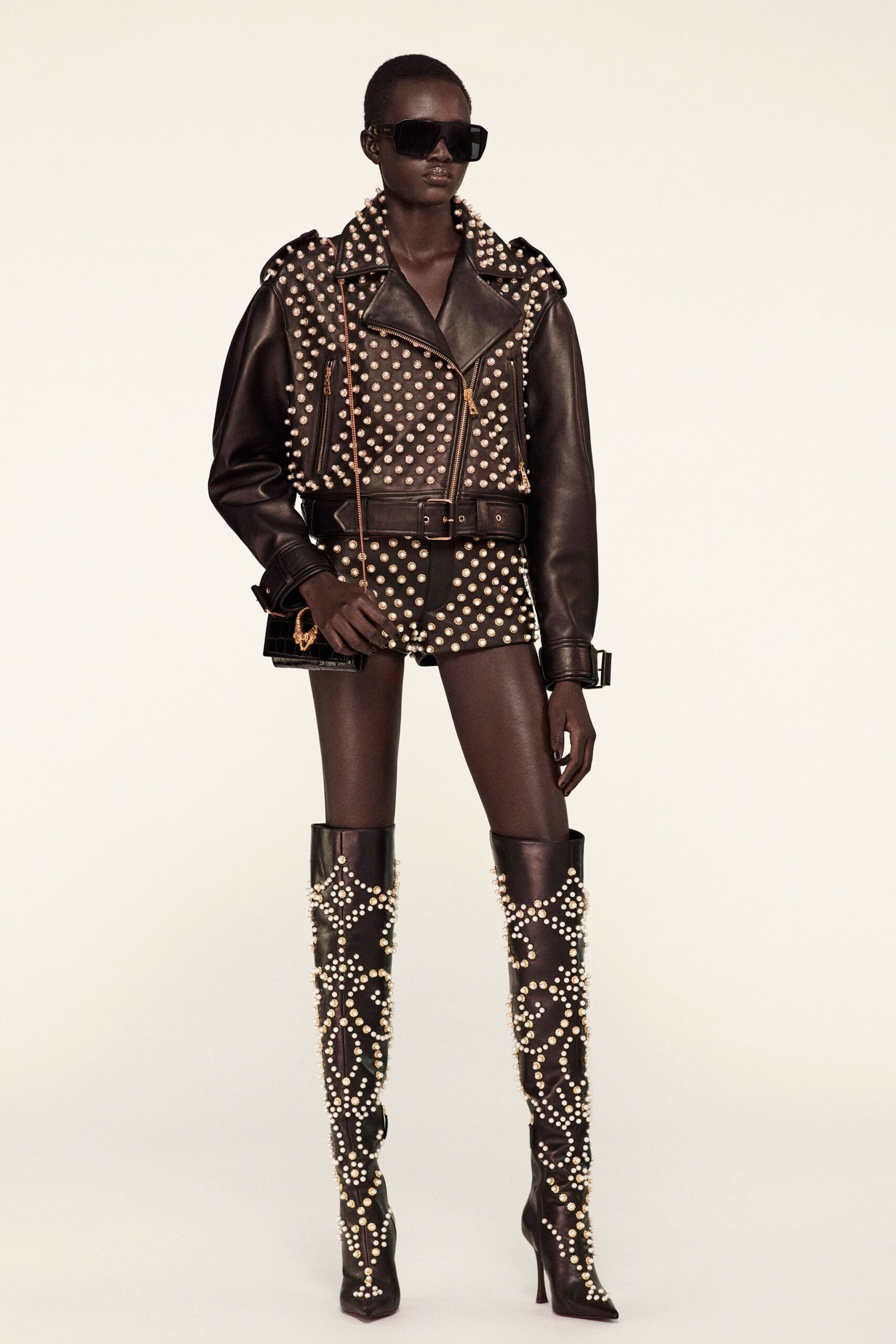 black leather fitted zippered embellished shorts