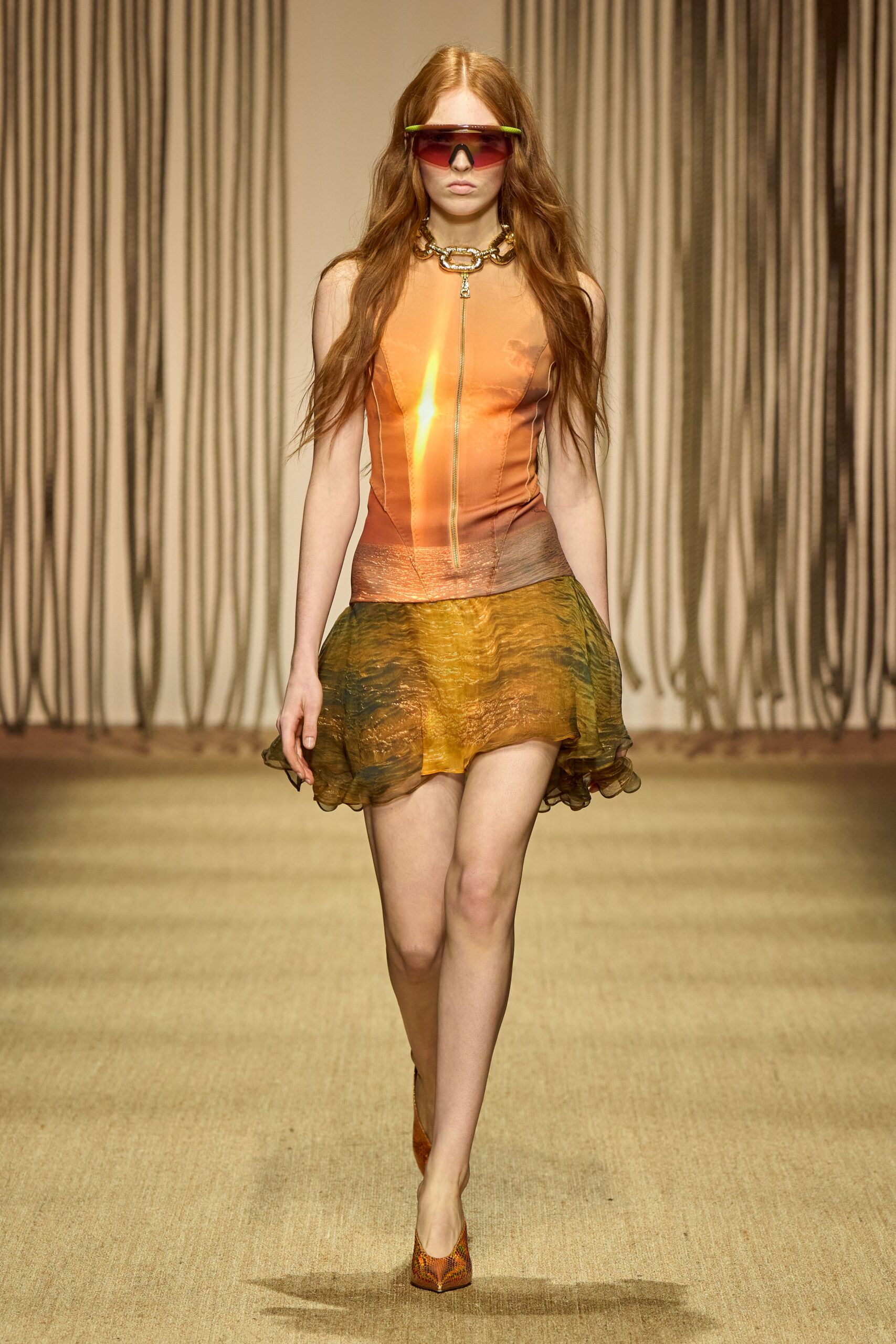 yellow silk fitted layered flared mini skirt