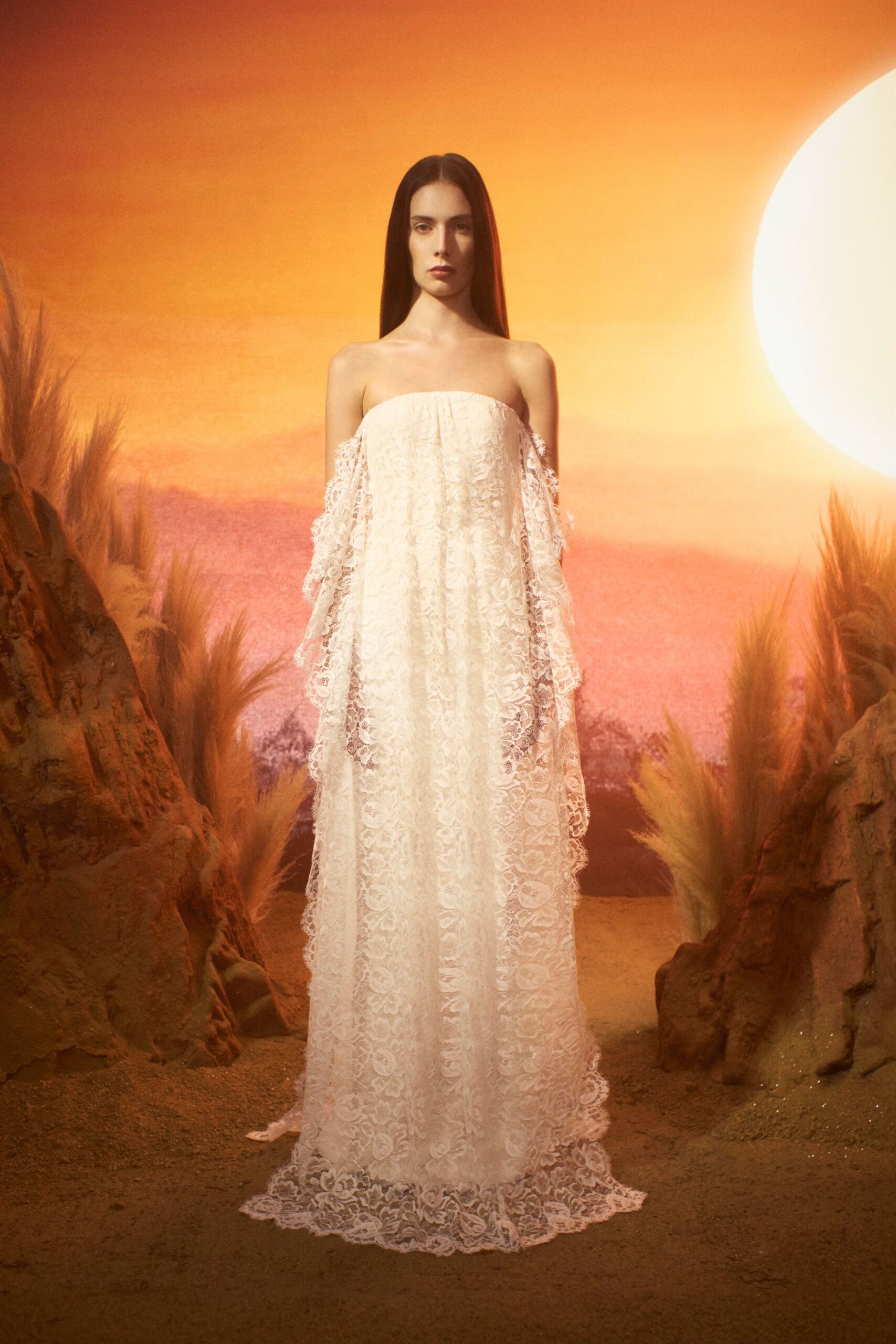 white lace strapless gown