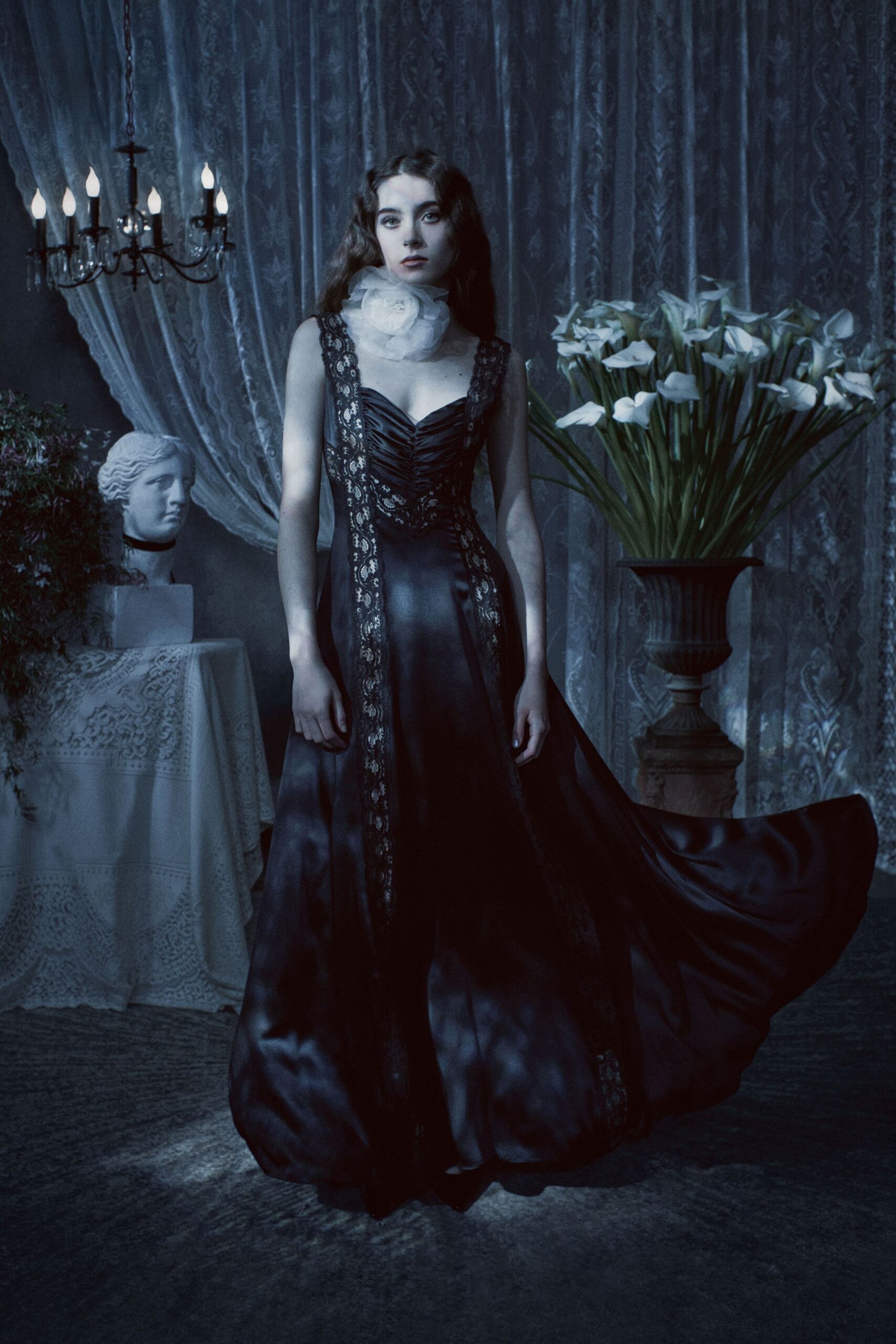 black silk sleeveless gown