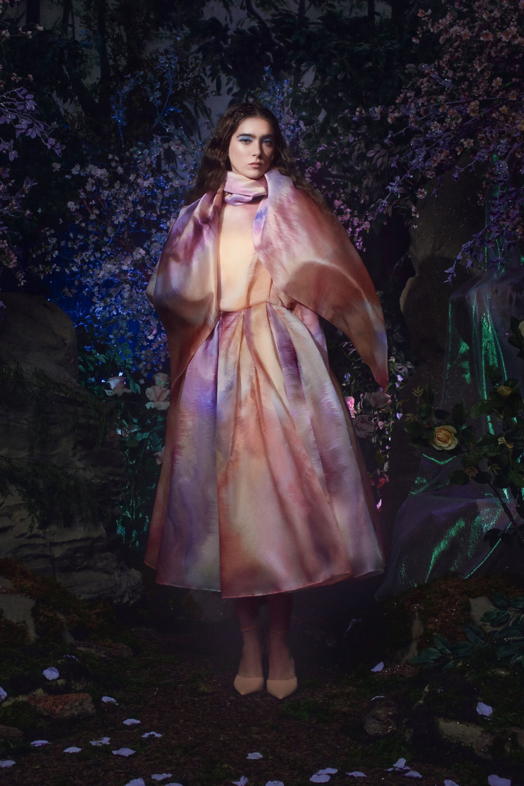 pink silk sleeveless high-neck fitted pleated flowing dress