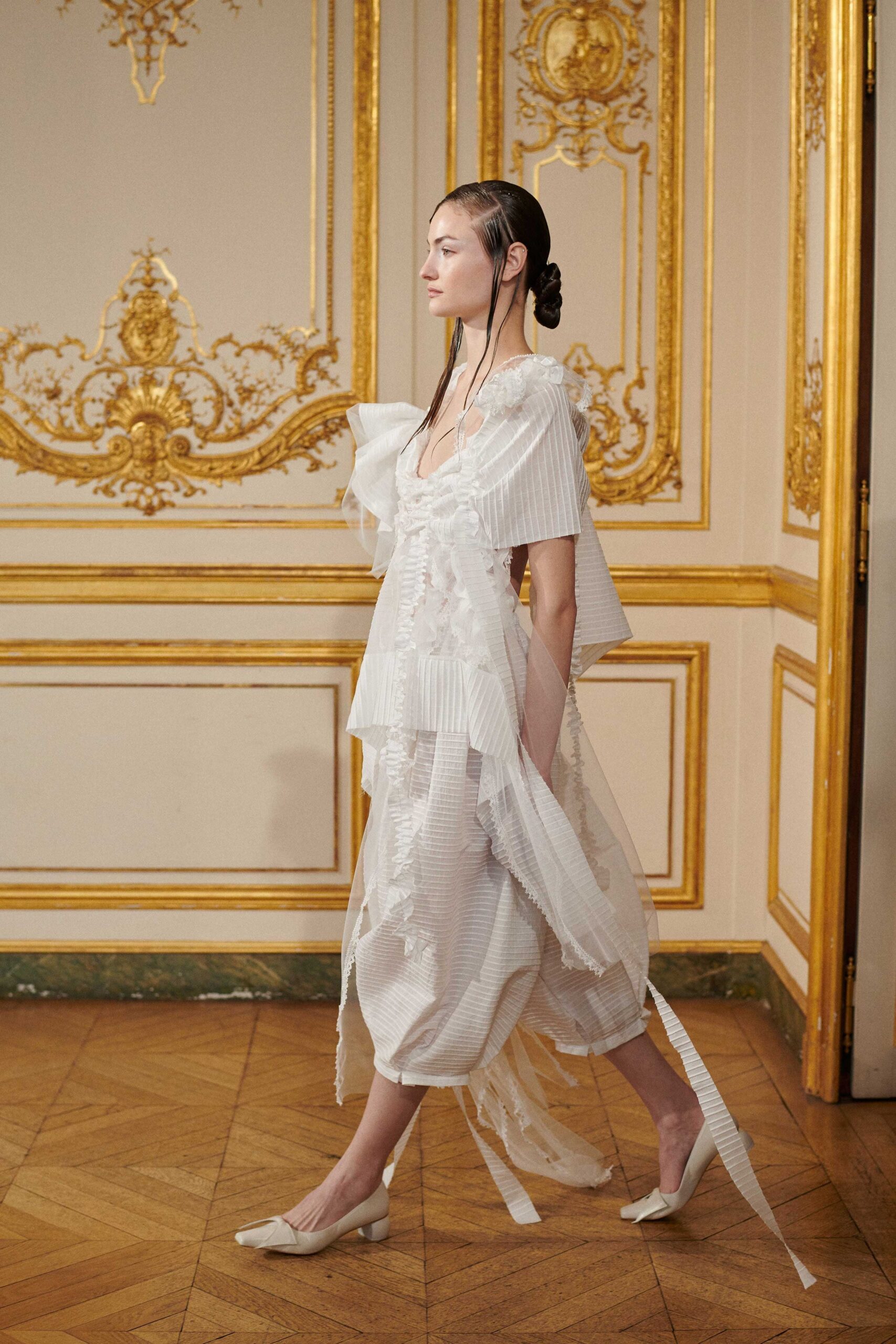 white silk sleeveless v-neck relaxed pleated layered dress