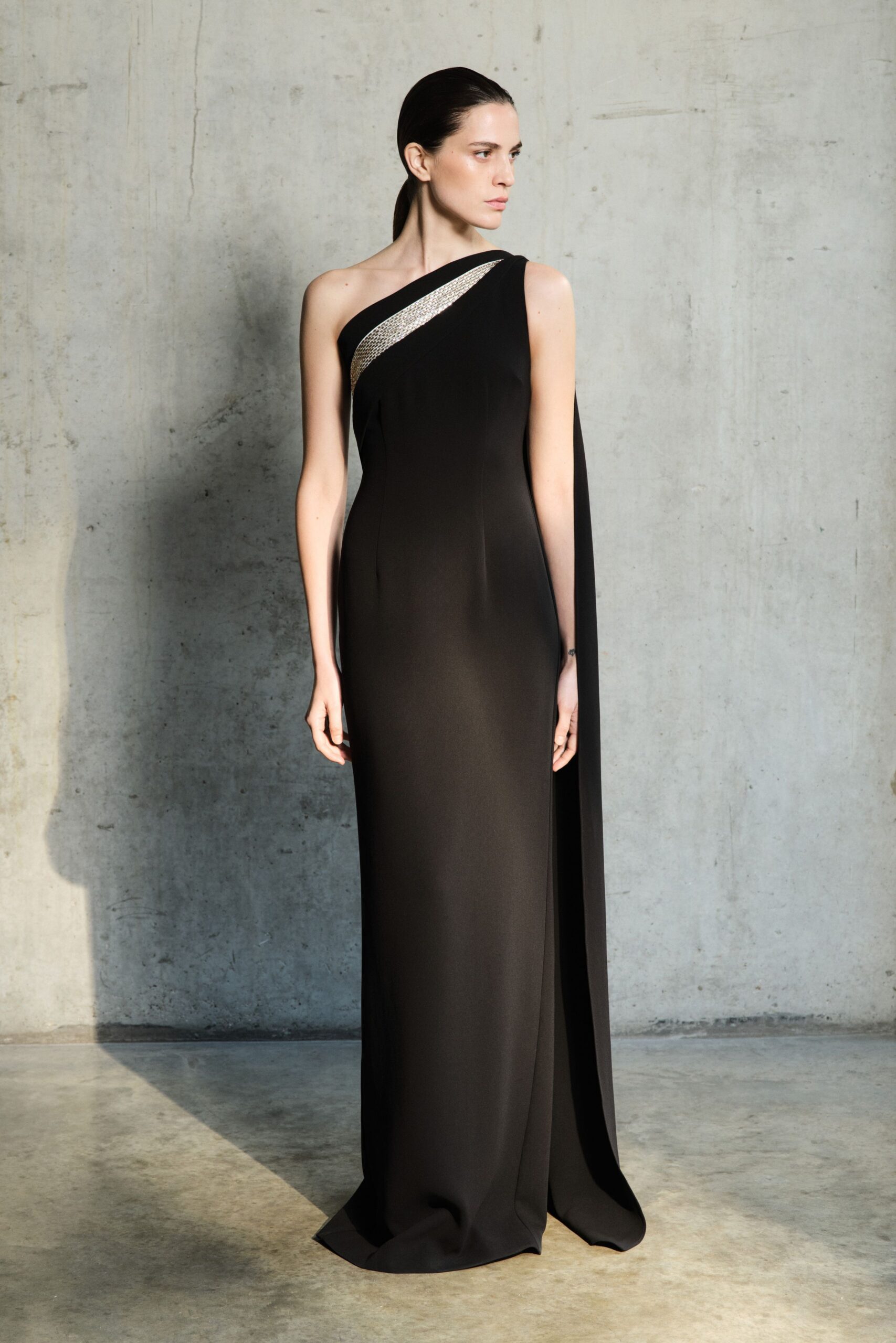 black silk asymmetric gown