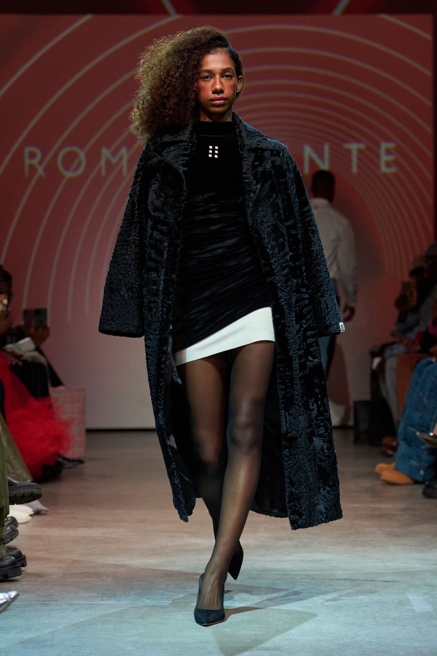 black velvet mini dress with faux-fur coat