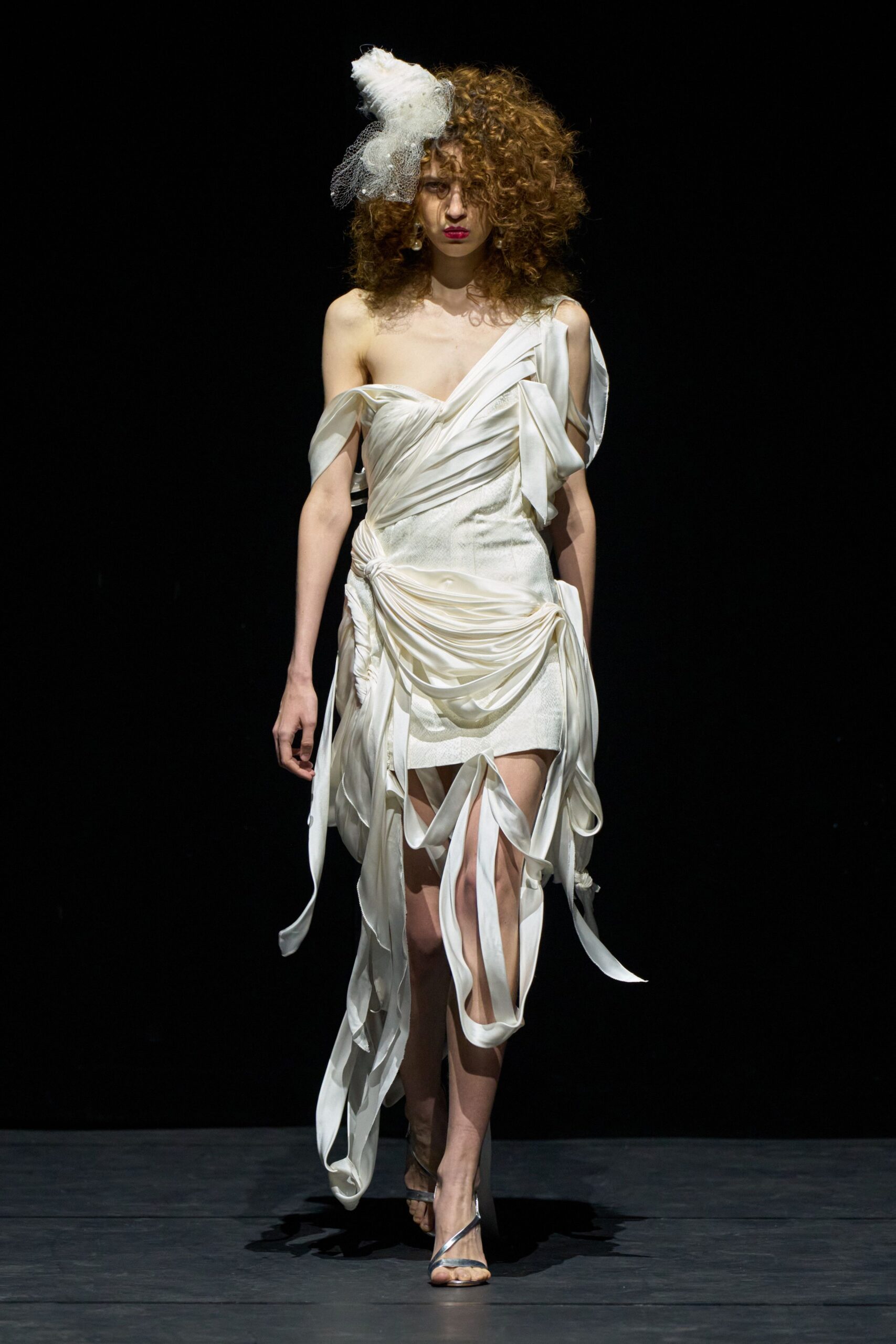 white silk strapless fitted draped layered flowing dress