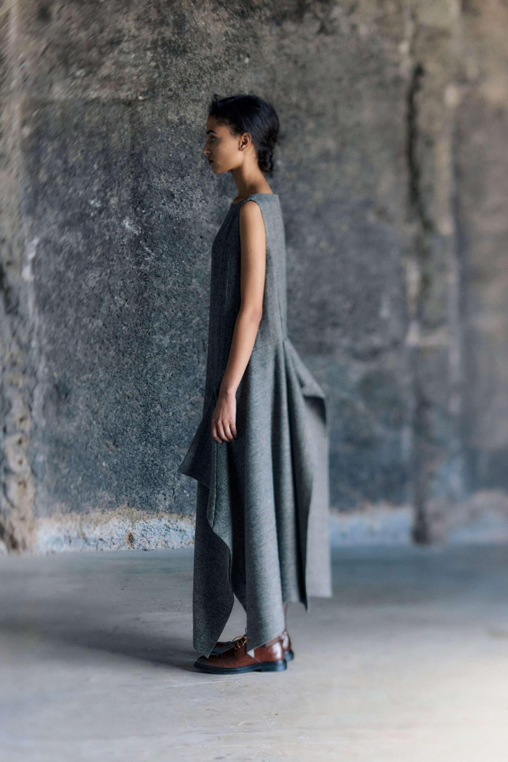 gray wool sleeveless asymmetric relaxed draped maxi dress