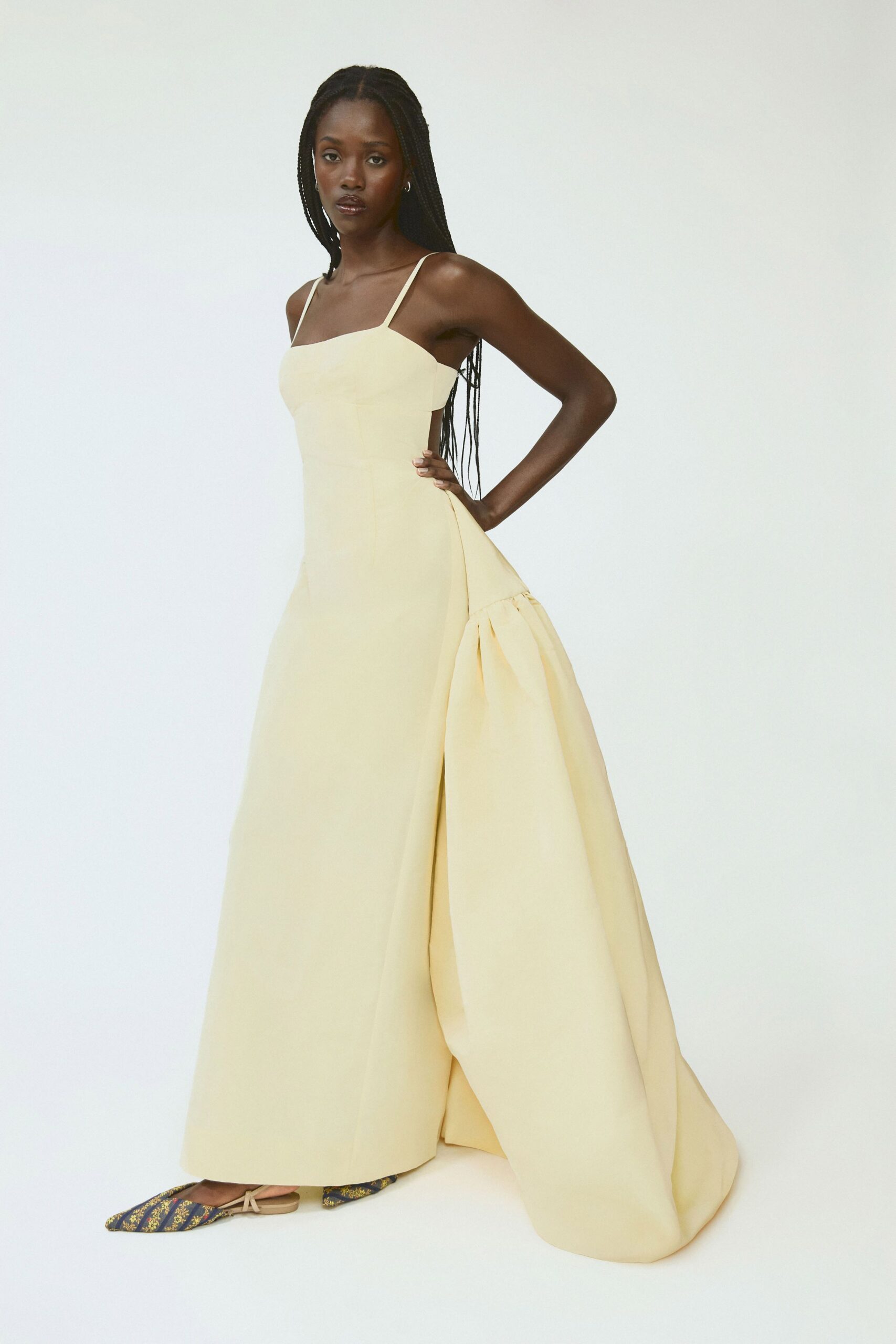 yellow cotton sleeveless v-neck fitted pleated maxi gown