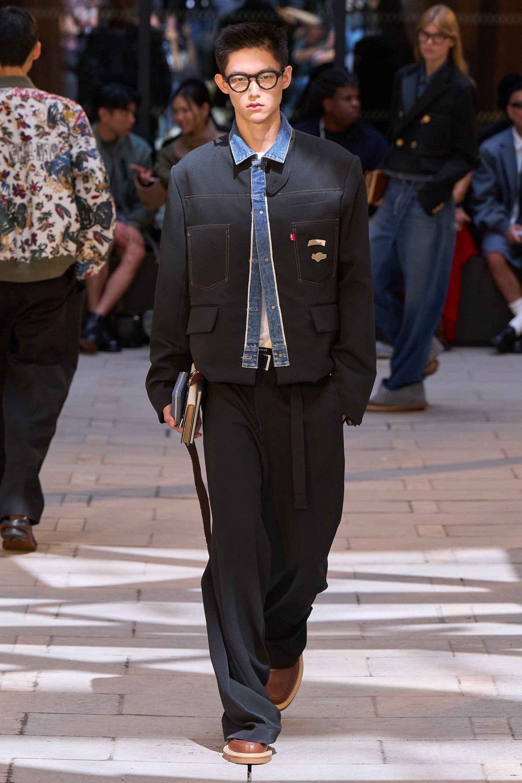 black denim long-sleeve collared structured zippered buttoned jacket