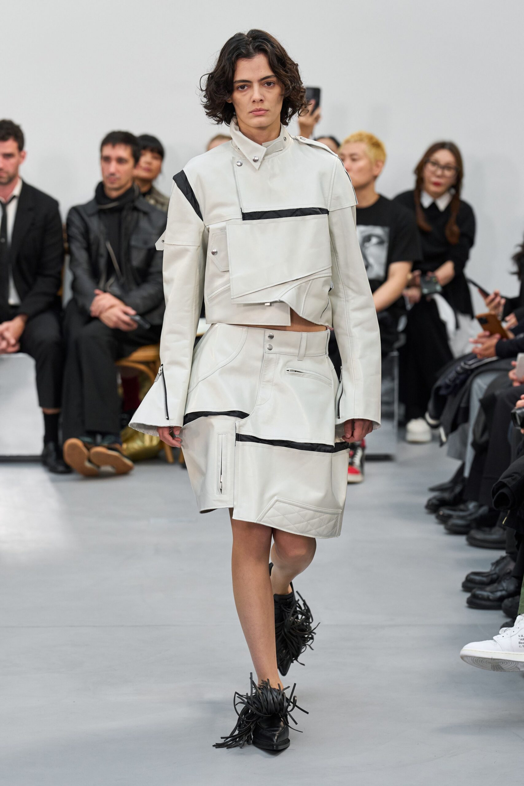 white leather long-sleeve collared fitted zippered cropped top