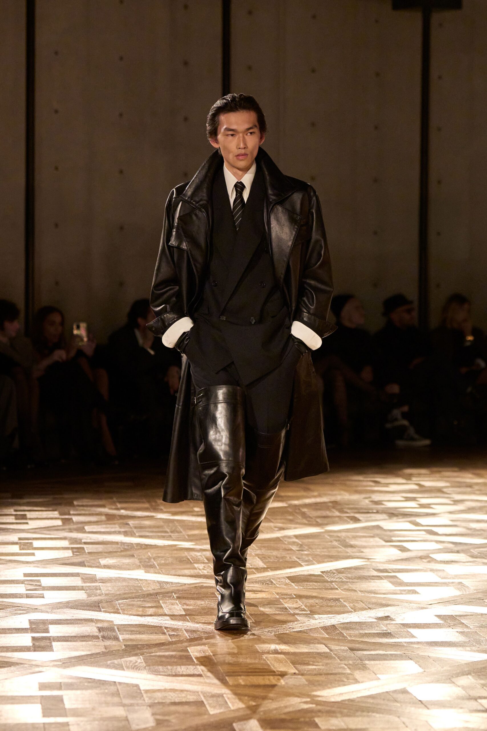 black leather long-sleeve collared oversized buttoned coat