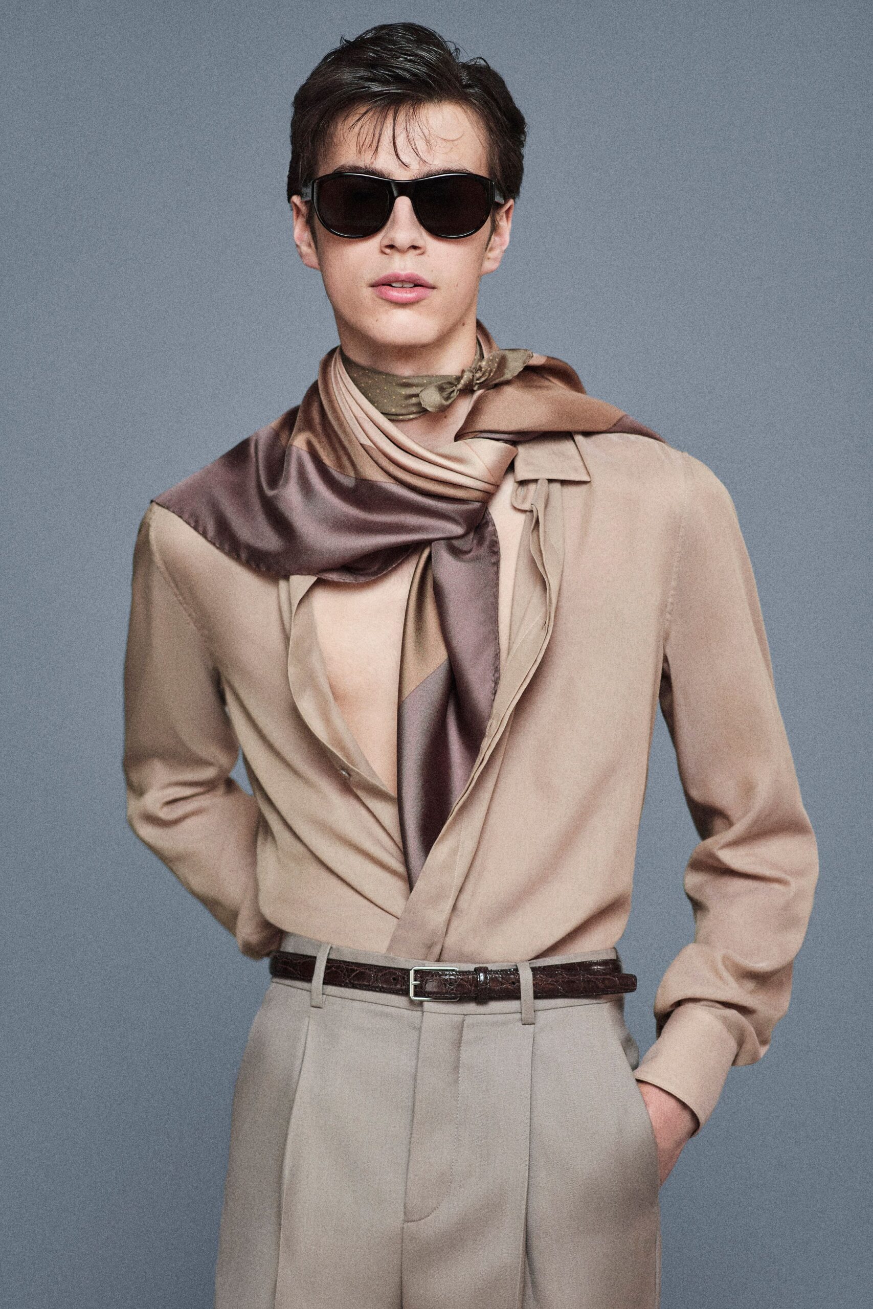 beige silk long-sleeve v-neck fitted buttoned shirt