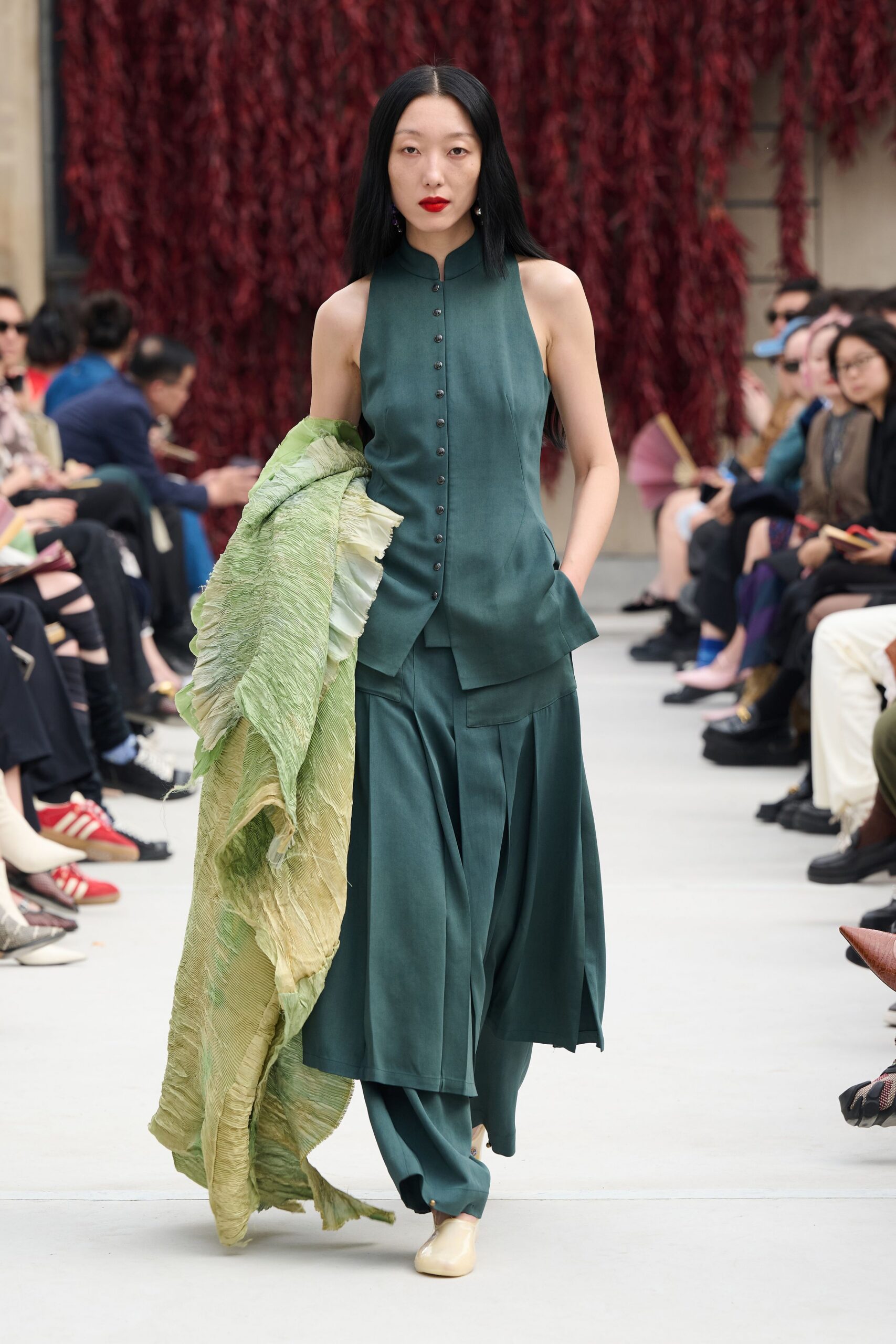 green silk draped flowing scarf