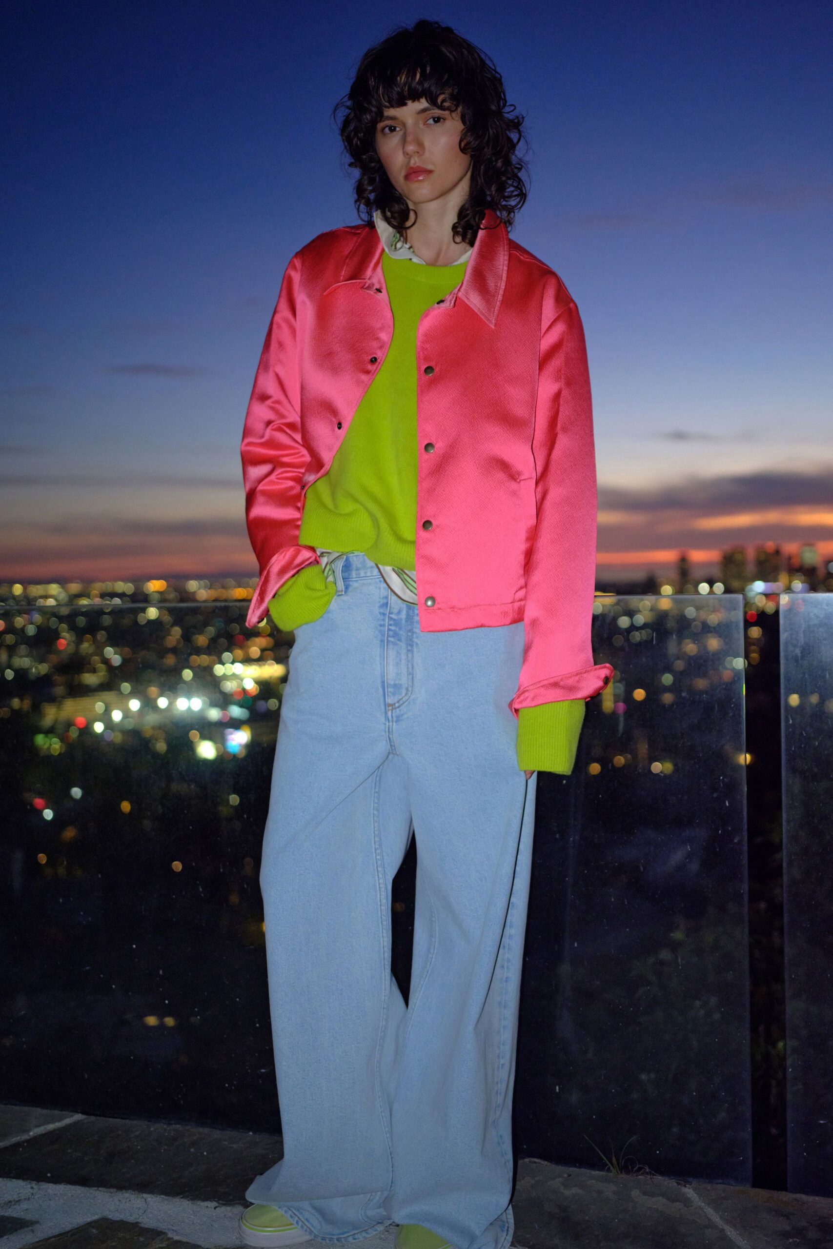 pink satin jacket green top blue pants yellow shoes