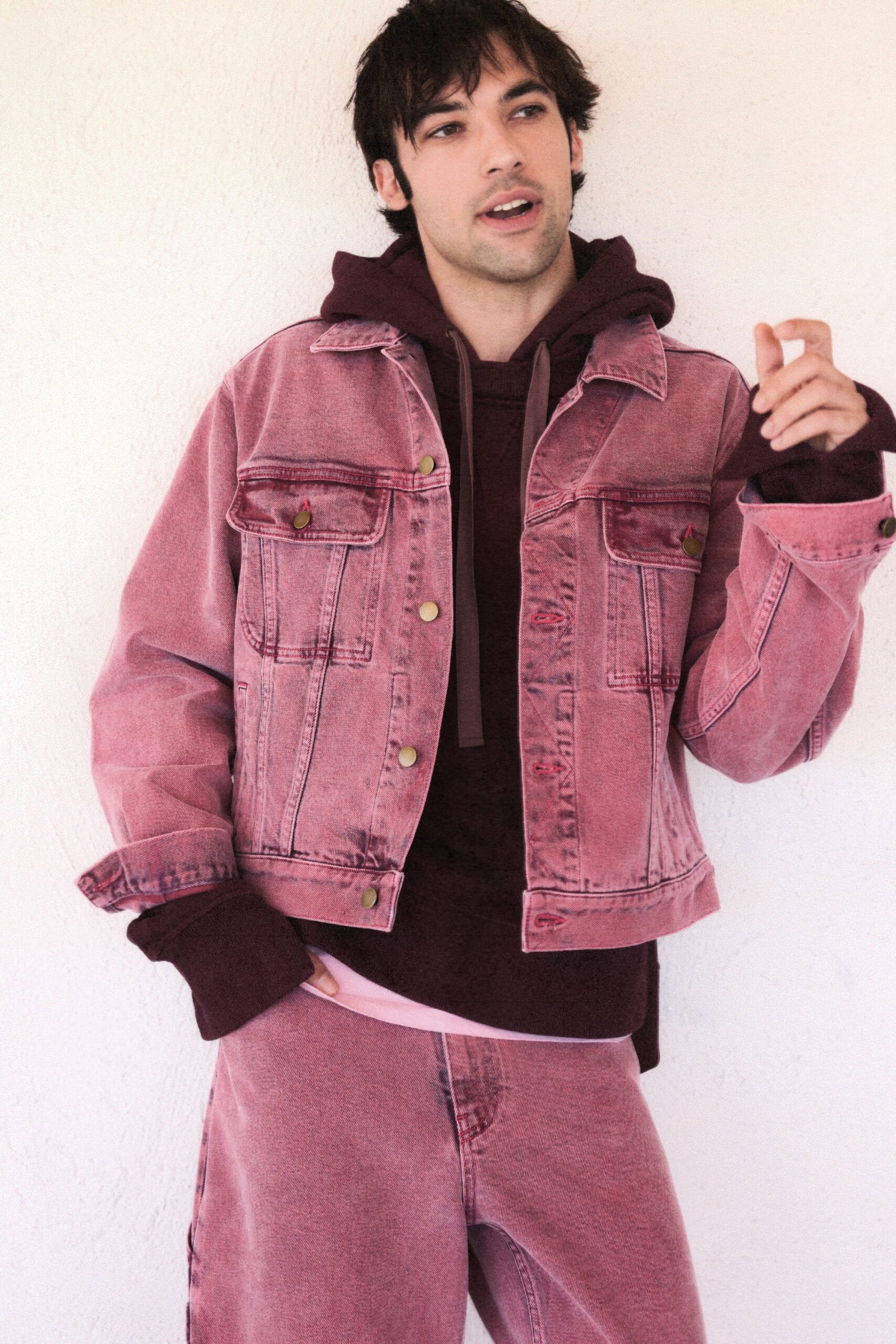 pink denim fitted straight-leg pants