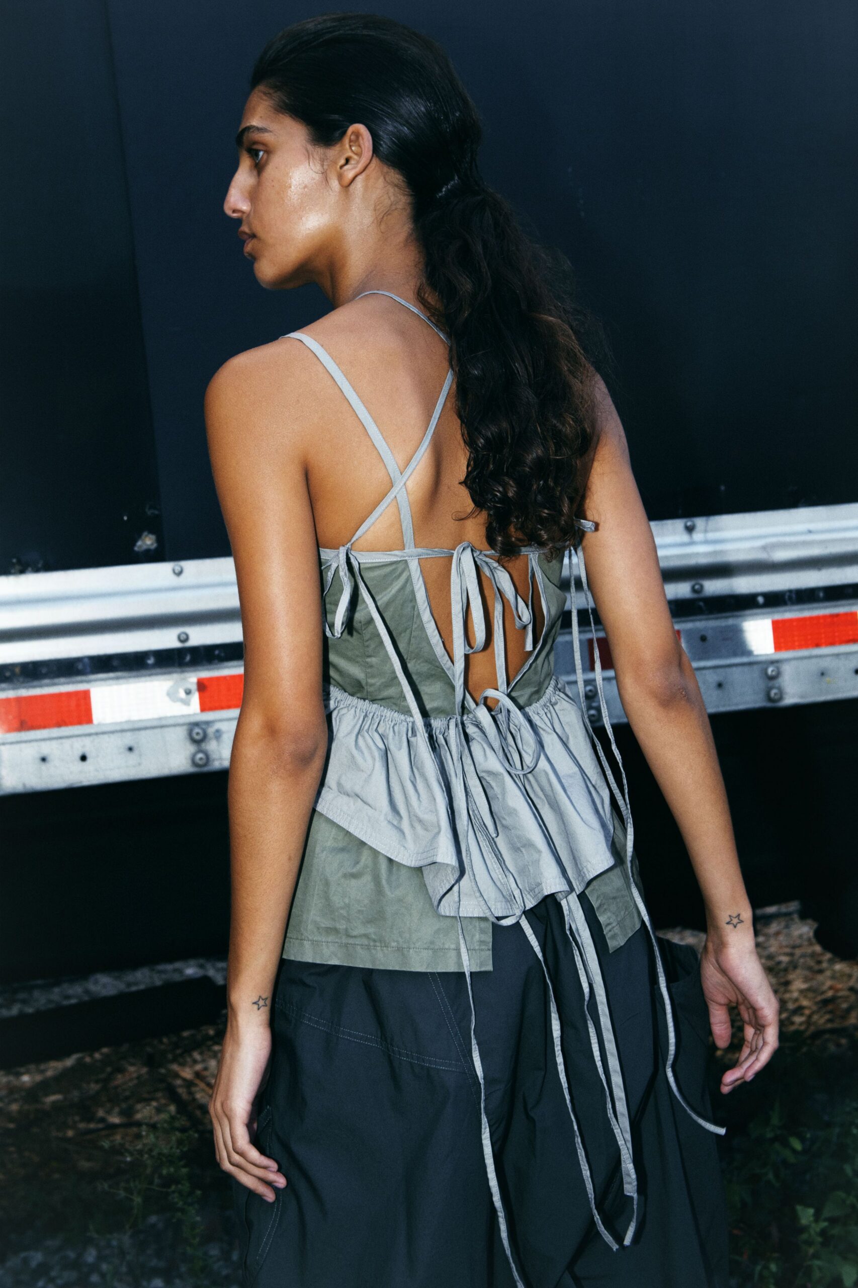 green cotton sleeveless v-neck relaxed ruffled top