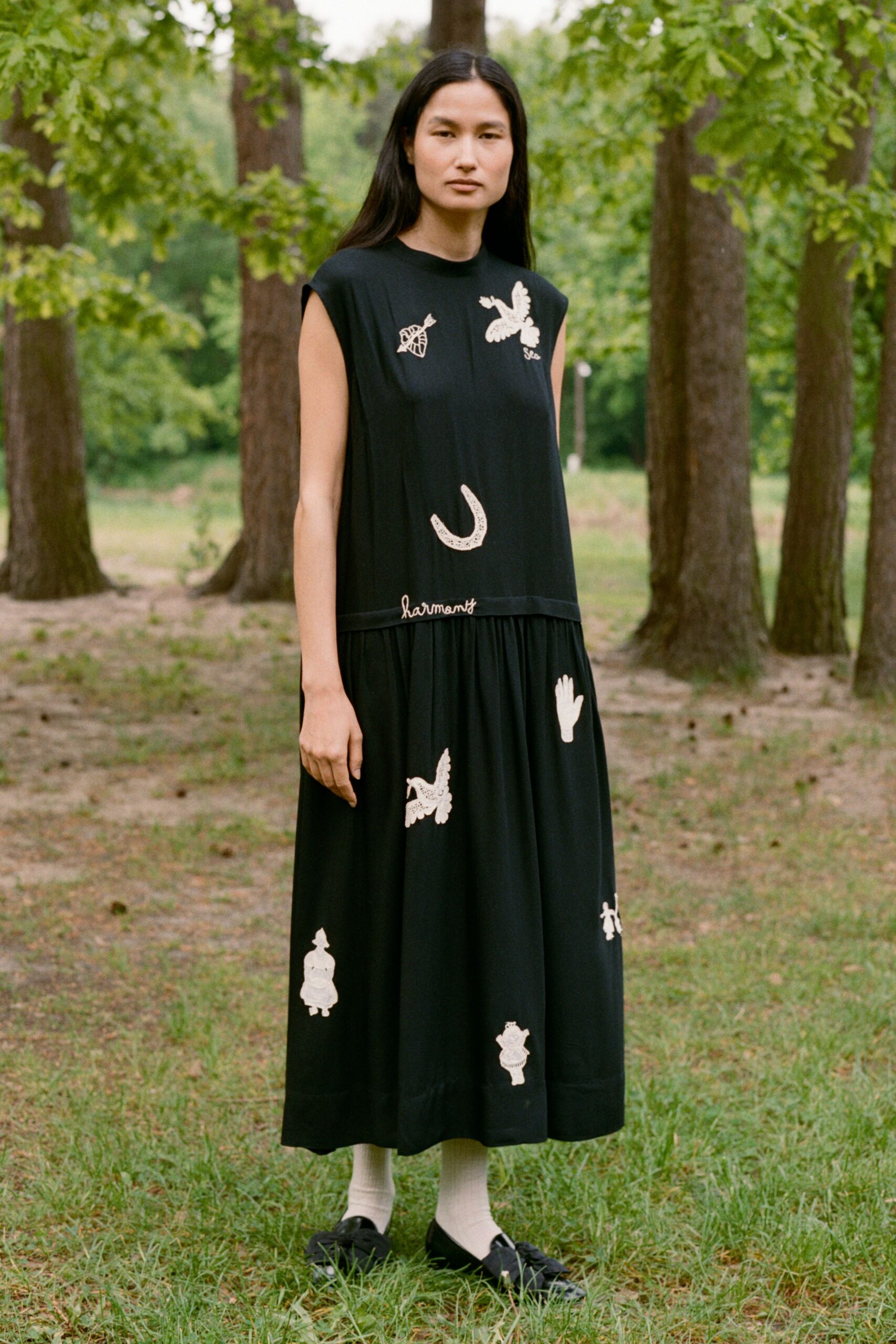 black cotton sleeveless high-neck relaxed embroidered tiered dress