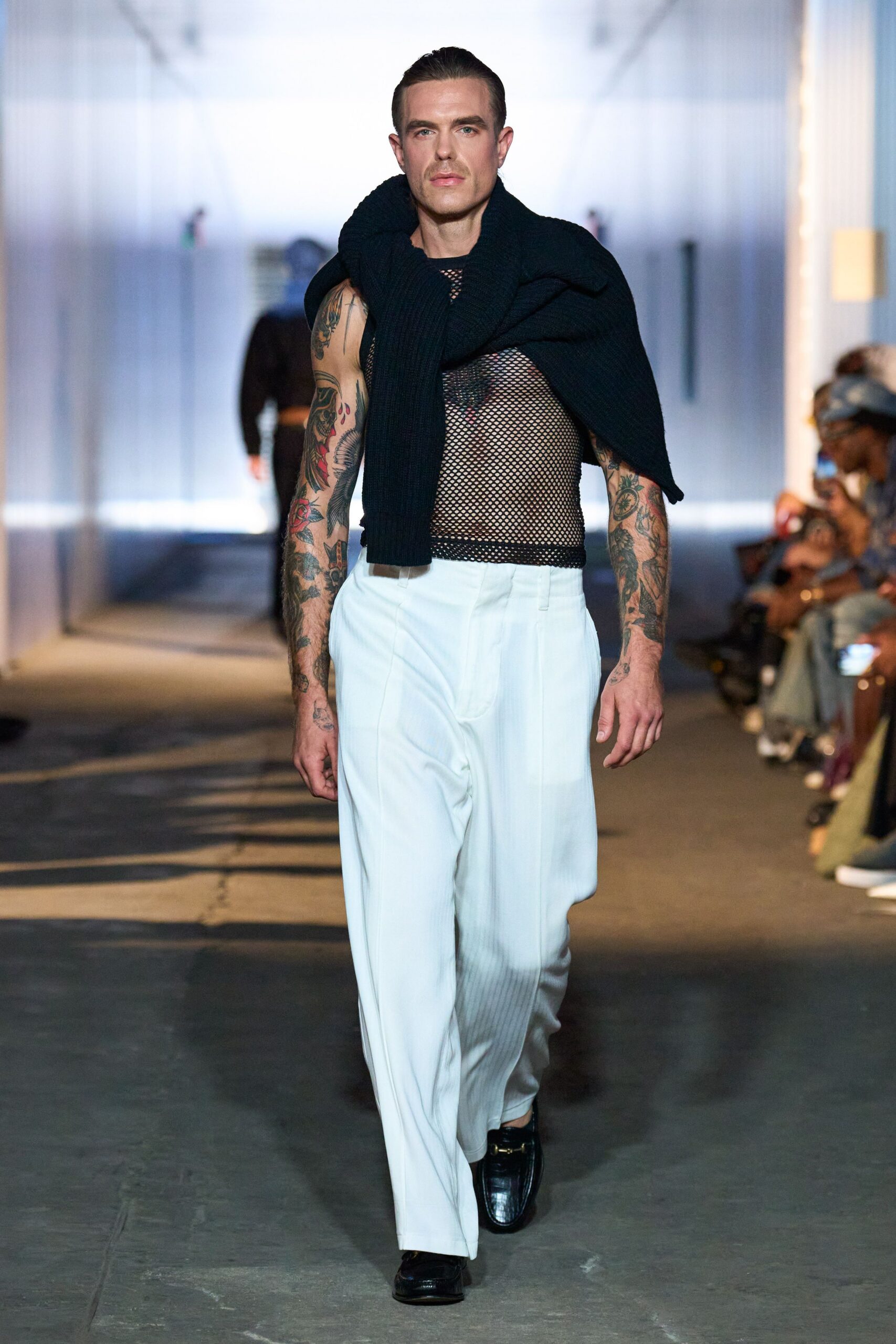 black mesh top white tailored pants