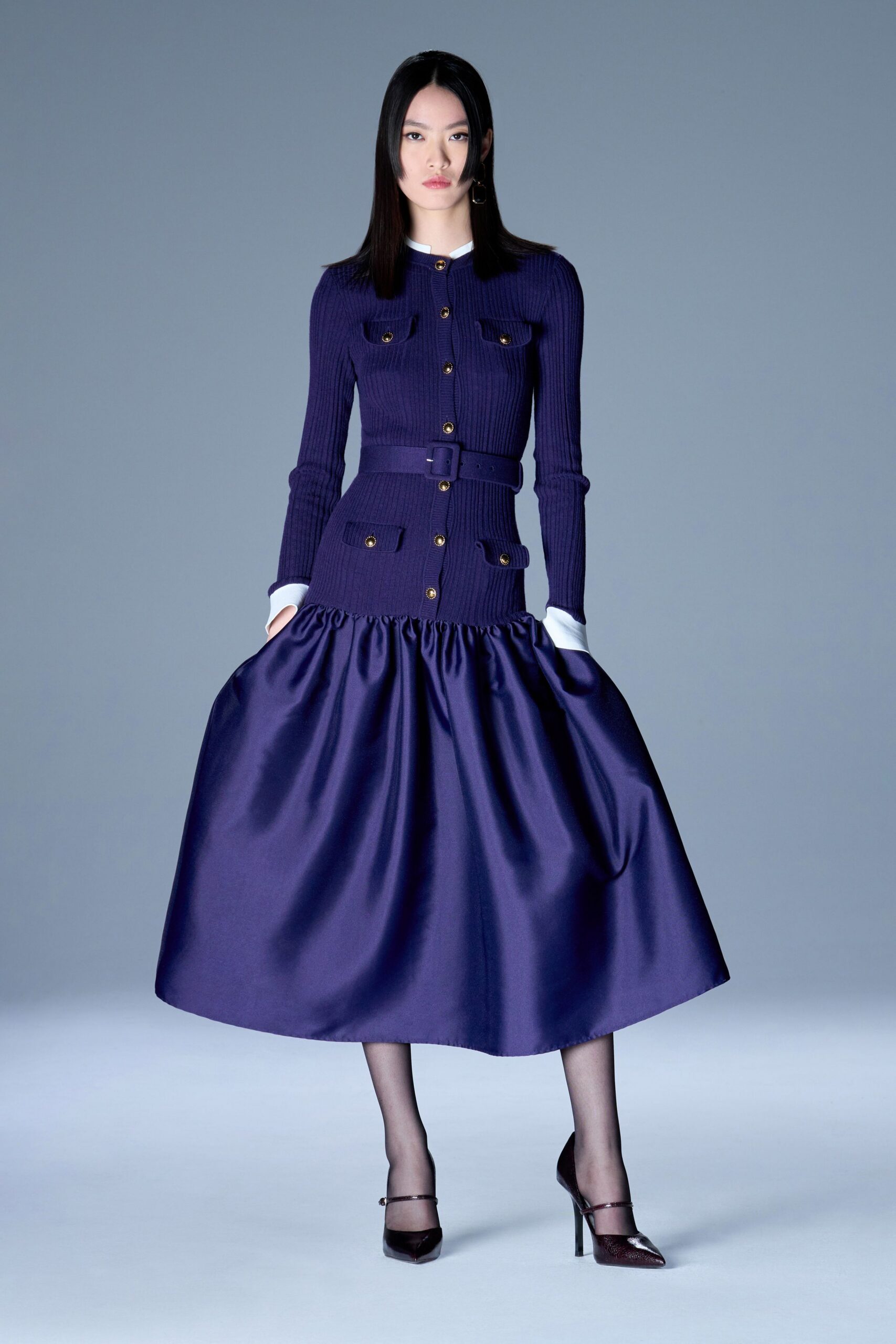 purple cotton long-sleeve collared fitted buttoned pleated dress