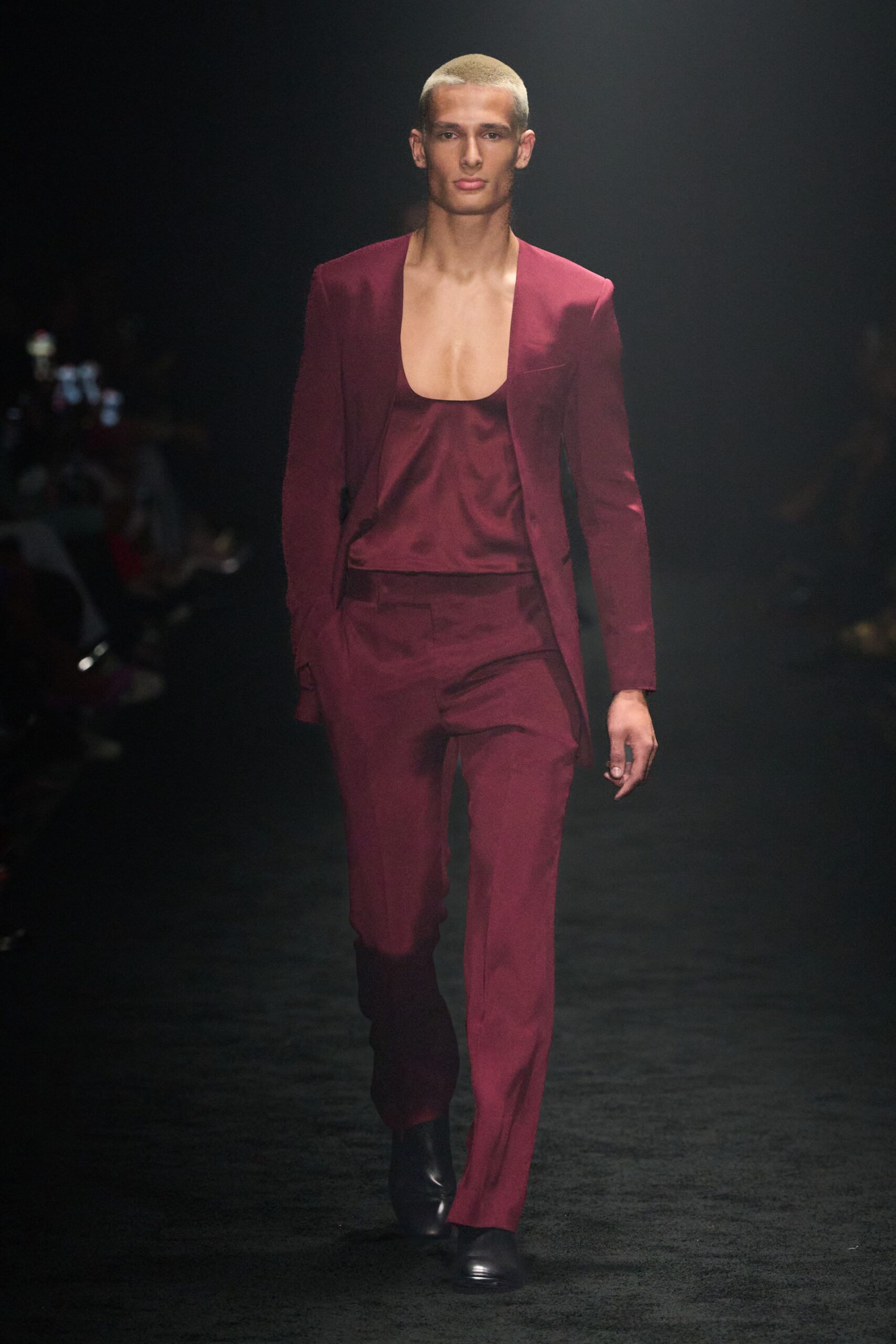 red long-sleeve v-neck fitted suit
