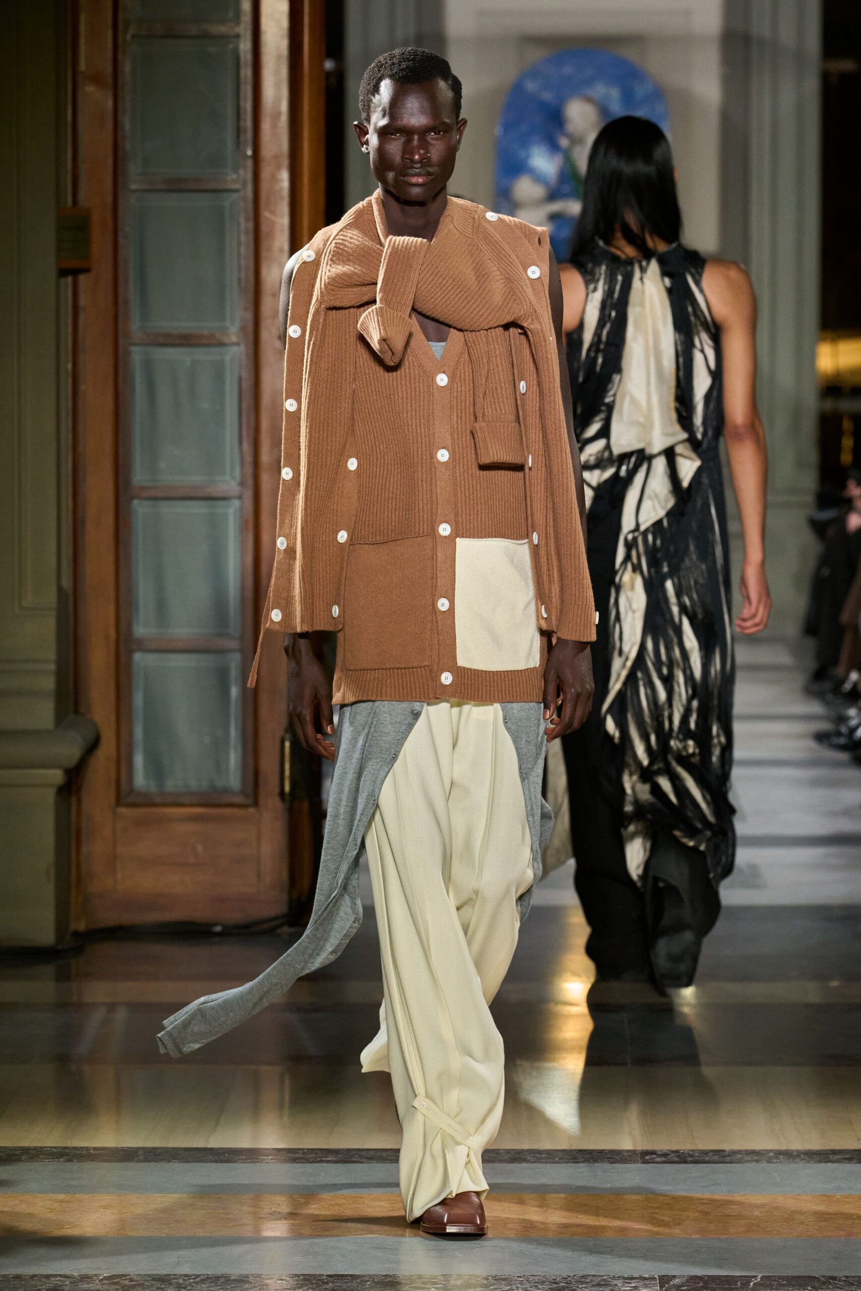 brown wool long-sleeve collared relaxed buttoned layered jacket