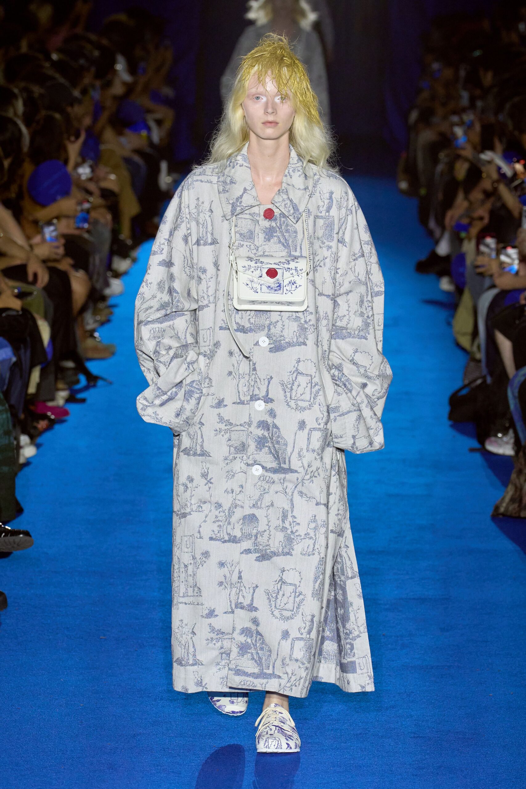 blue cotton long-sleeve collared oversized buttoned maxi coat