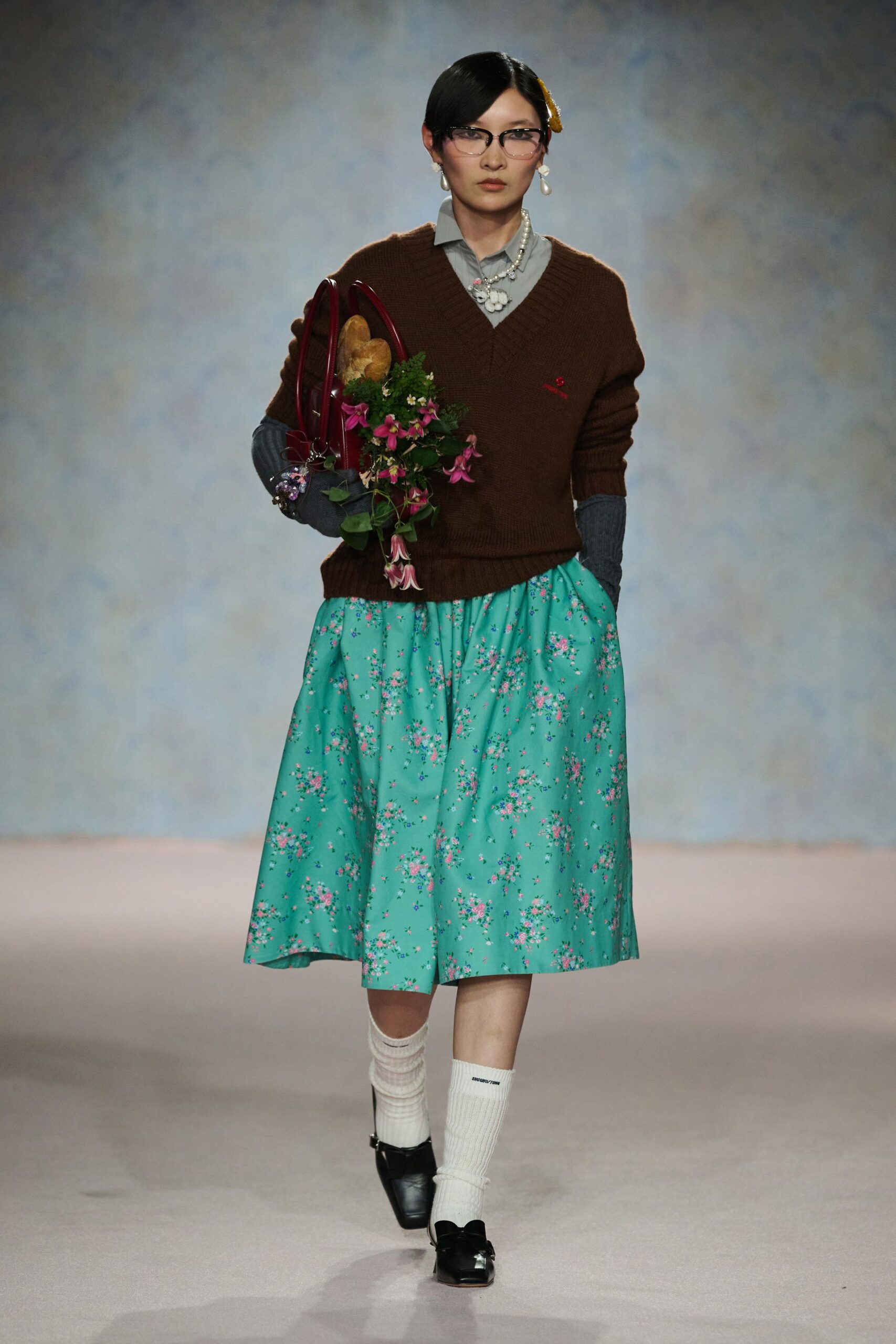 teal cotton relaxed floral flared midi skirt