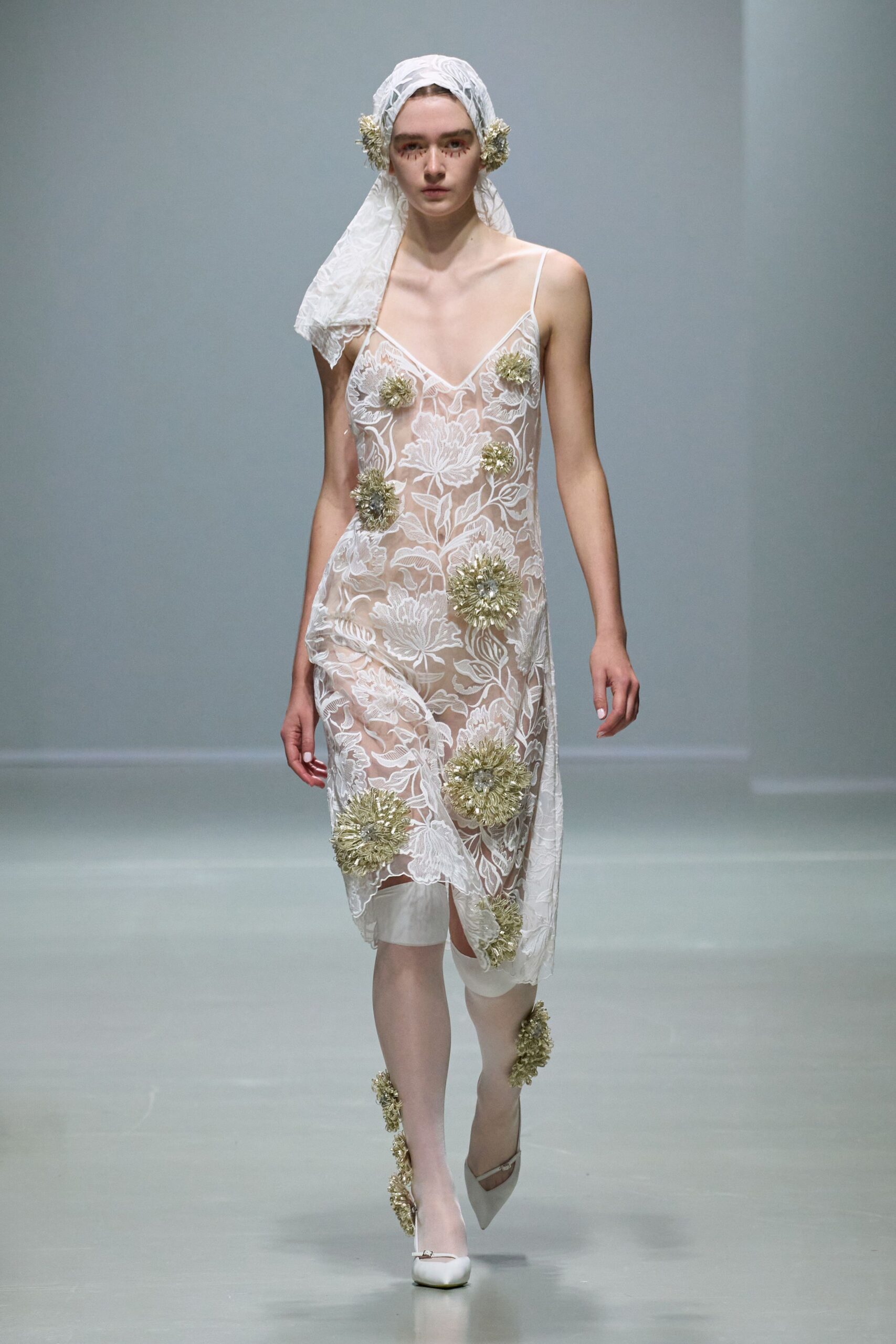 white lace sleeveless v-neck fitted embroidered sheer dress