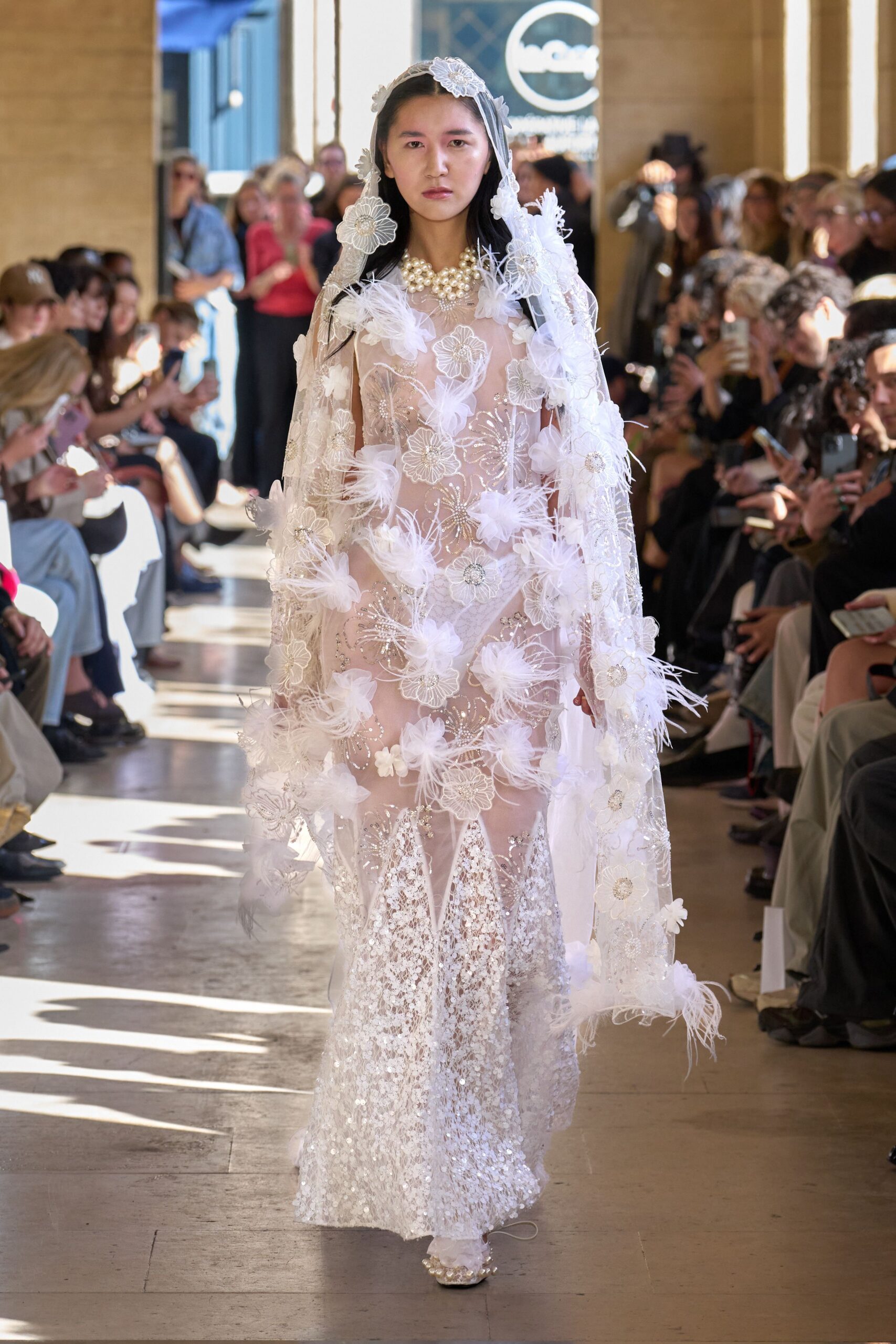 white lace long-sleeve high-neck fitted embellished layered gown