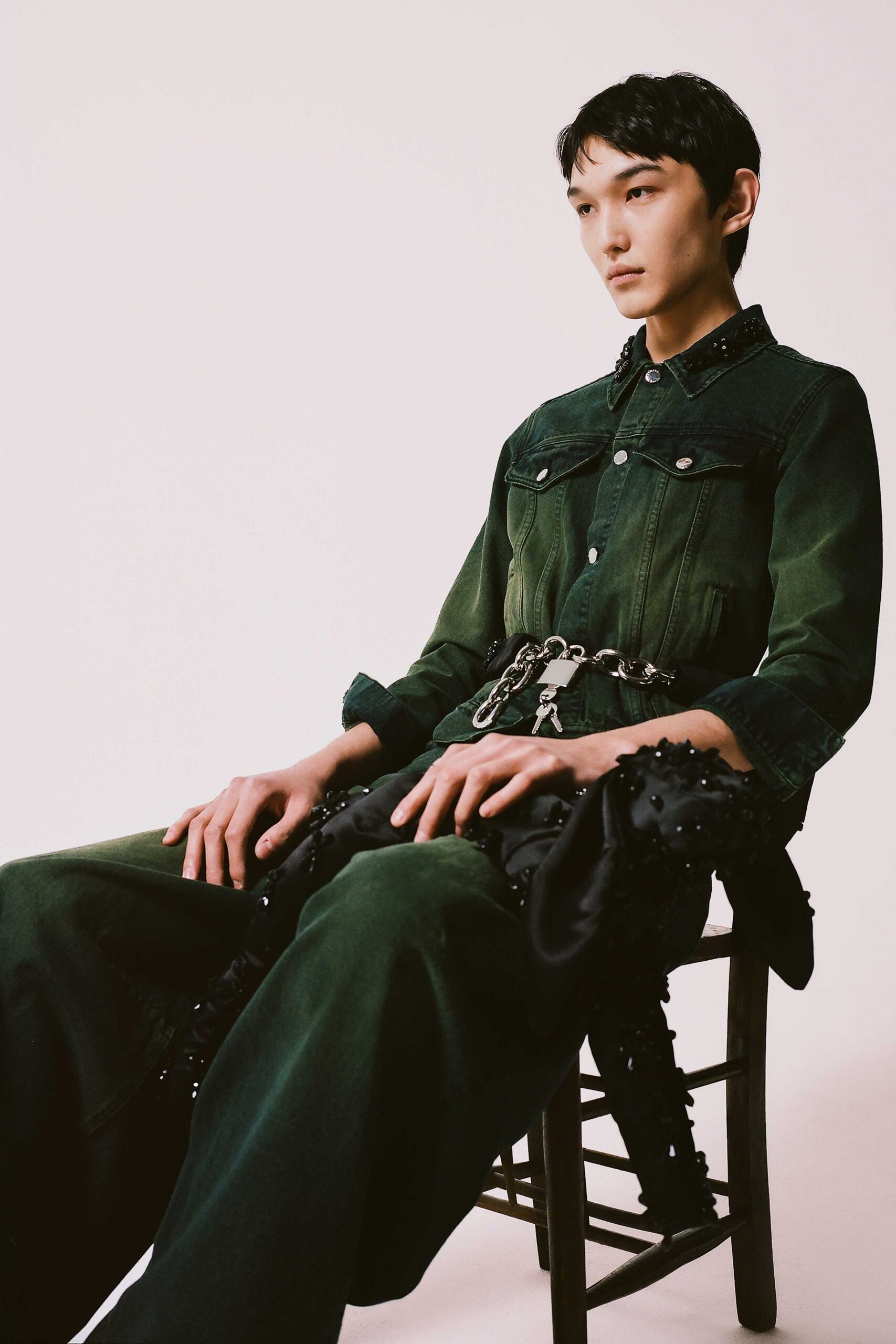green denim long-sleeve collared fitted zippered jumpsuit